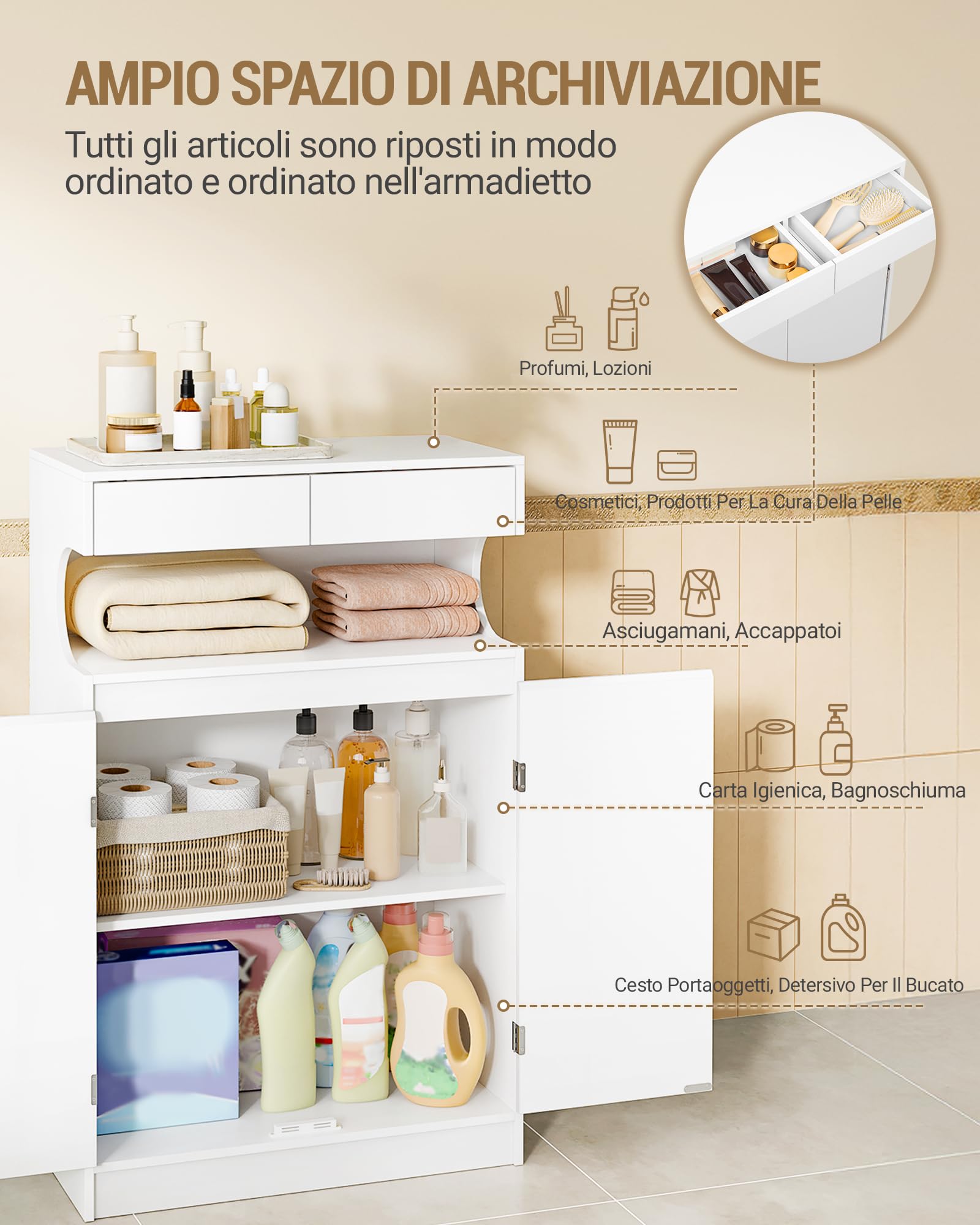 Hzuaneri Mobile da Bagno, mobiletto bagno con 2 cassetti e 2 ante, design semplice e moderno, con ripiani regolabili, per Bagnos, Soggiorno, Ingresso, Cucina, 30 × 60 × 90 cm, Bianco lino, SC63903X