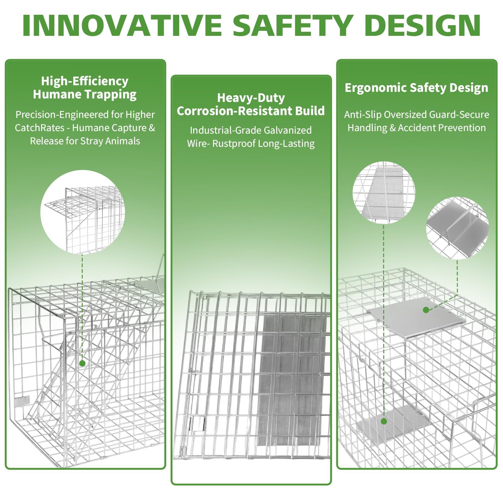 Humane Live Animal Trap Cage, 43" ×16" ×17.7" Collapsible Heavy Duty Raccoon Trap Animal Cage, Easy to Set and Release Live Trap, for Dogs, Foxes, Coyotes, Raccoons and Similar-Sized Animals, Silver - 4
