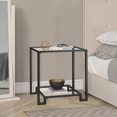 Miniatura 6 de 2 Tier Rectangular Side Table, Black End Table with Glass Top, Modern Metal Clear Coffee Tables，Small Accent Tables for Living Room, Bedroom, 22" x
