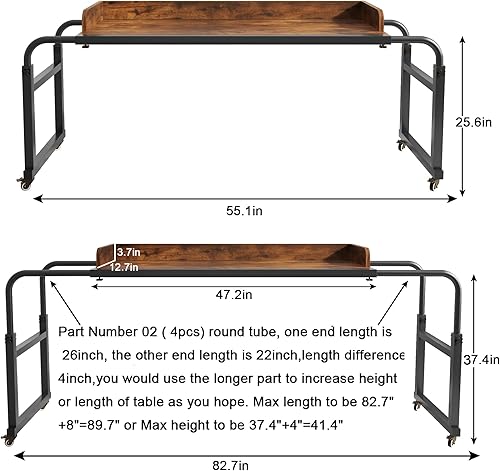 Miniatura 2 de TigerDad Mesa de cama con ruedas, estilo moderno, marrón, 55.1-82.7x25.6x18.1 pulgadas, capacidad de peso de 350 libras