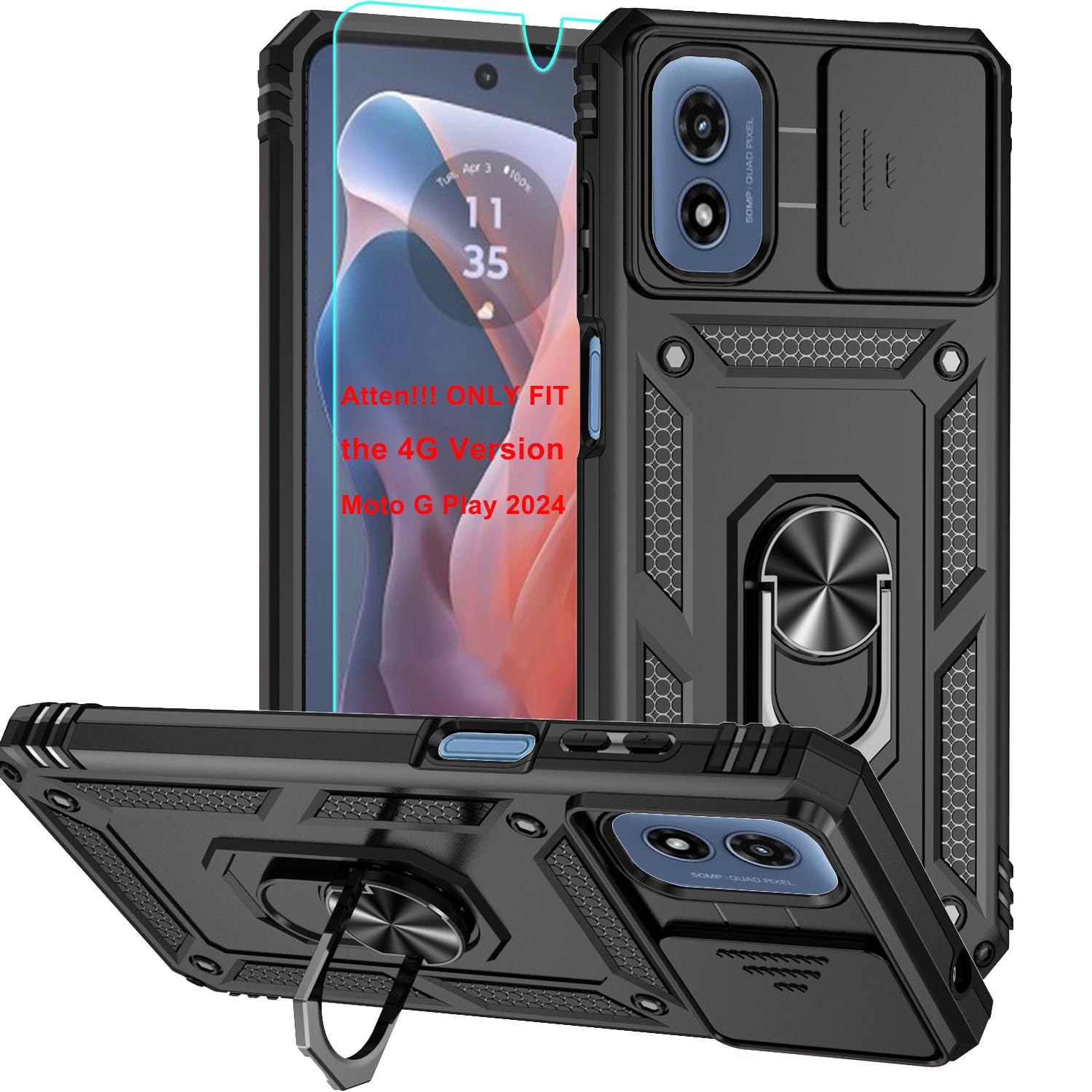 for Moto G Play 2024 Case, Soft Silicone Rubber Bumper Hard Plastic Phone Case with [Sliding Camera Lens Cover] [360° Rotatable Kickstand Ring] [HD