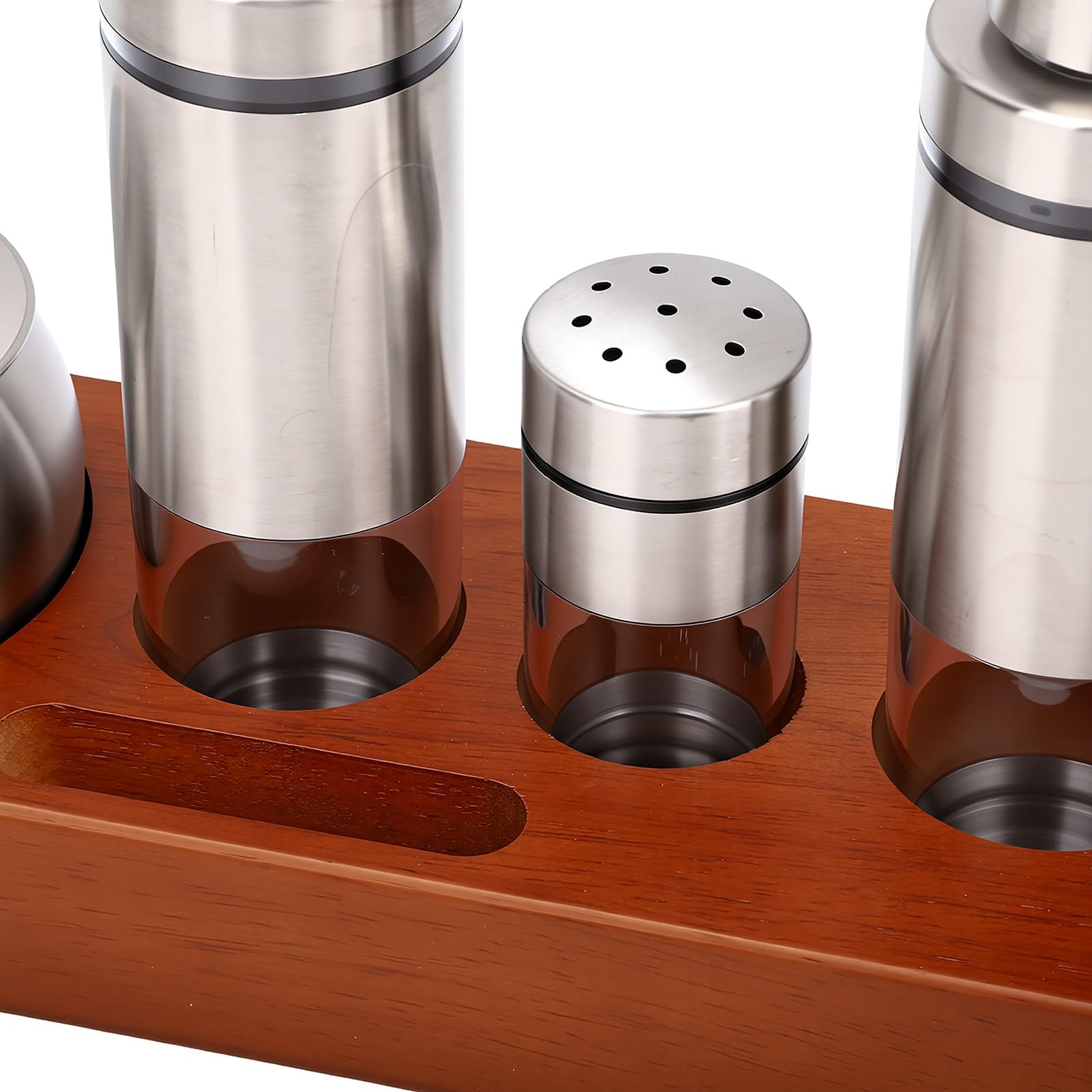 Tnfeeon Set di Bottiglie di Condimento, Dispenser di Condimenti Ermetico per Sale, Zucchero, Olio, Aceto con Acciaio Inossidabile 304 e Base in Legno di Quercia, Organizer da Bancone per Cuochi