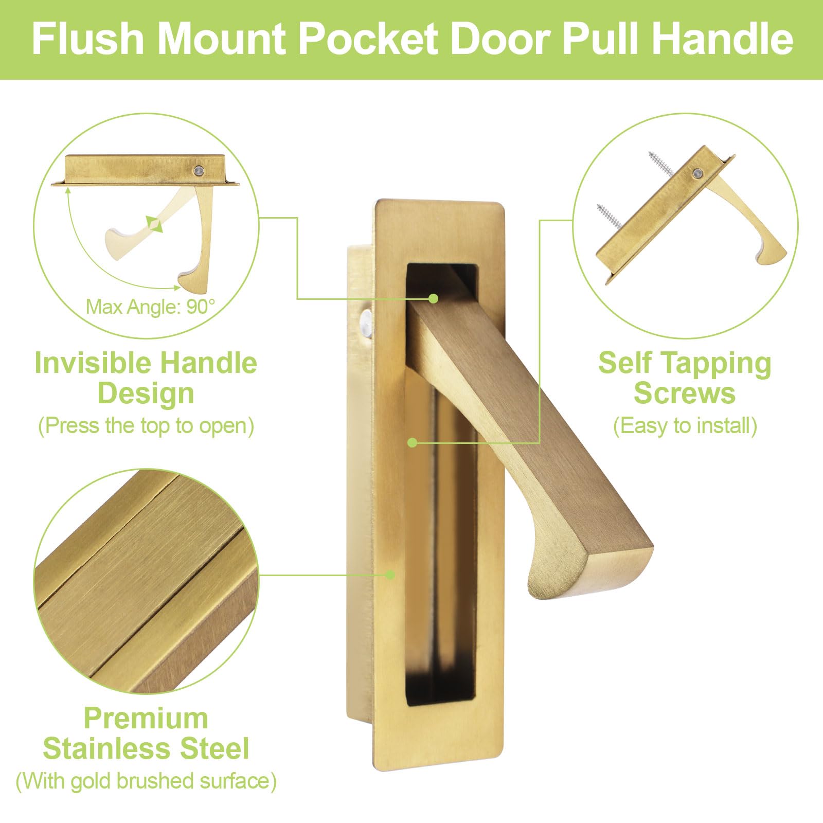 UFURMATE 1Pcs Flush Mount Door Pull and 2Pcs 6in Edge Pulls Stainless Steel Recessed Pocket Door Handle Set Sliding Door Pull Hardware for Closet (Brushed Gold) - Image 4