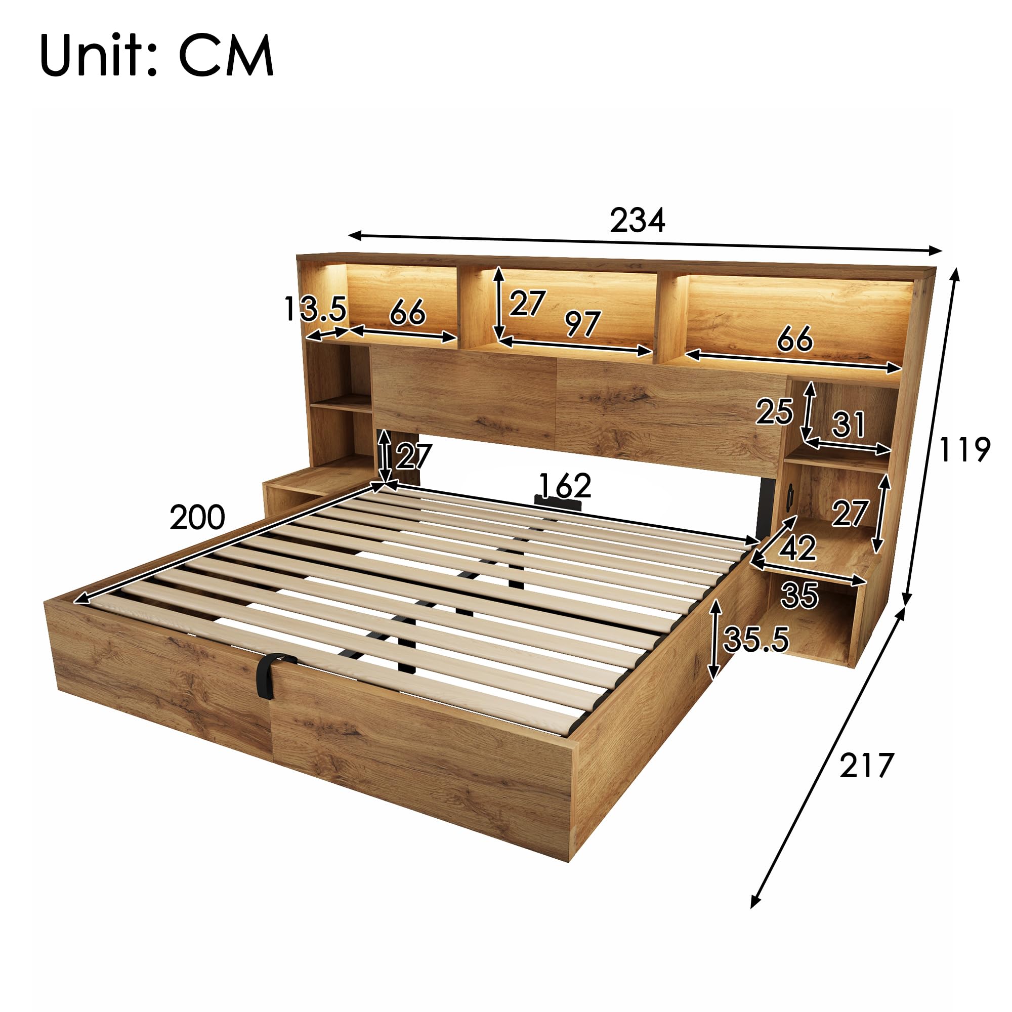 Kebnor Letto di sistema, effetto rovere con idraulico, letto matrimoniale in legno con comodini integrati, struttura del letto con rete a doghe e testiera, LED & USB-C, senza materasso (160 x 200 cm)