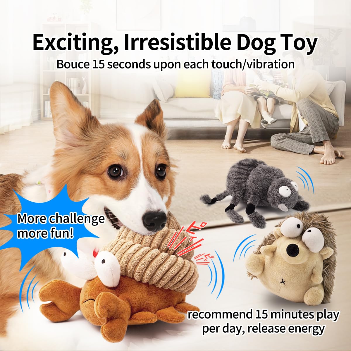 Jouet interactif pour chien, jouet couineur automatique en peluche pour les garder occupés, balle vibrante et rebondissante rechargeable pour chiens de petite, moyenne et grande taille