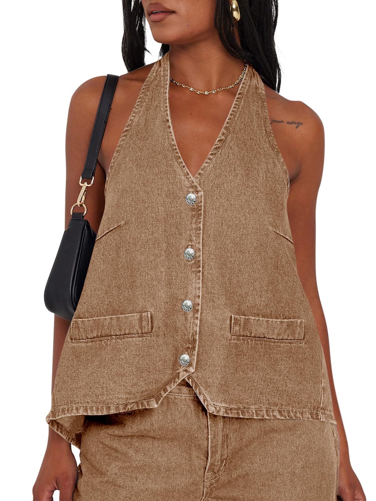 Tankaneo Womens Halter Denim Vest Tops Summer Open Back Y2K Going Out Tank Tops V Neck Button Down