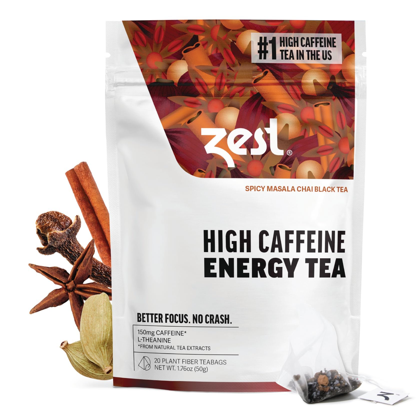 Zest 150mg High Caffeine Energy Leaf Blend - Spicy Masala Chai Black Tea - 20 Pack Bag - All Natural Strong Flavored Healthy Coffee Alternative Highly Caffeinated Substitute - Perfect for Keto Diet