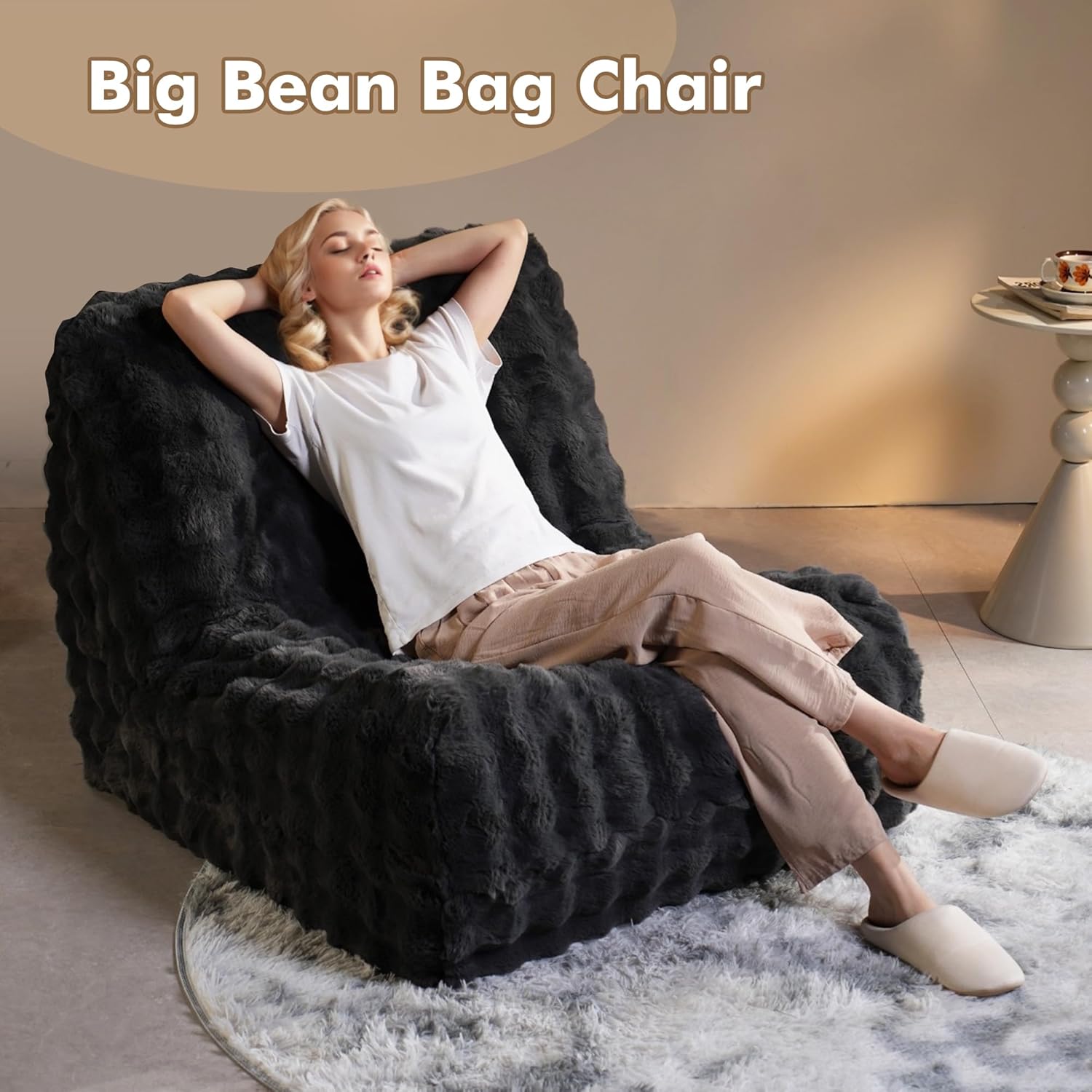 Bean Bag Chair for Adults, Giant Oversized Fluffy Bean Bag for Fireside, Big Bean Bag Lounger Floor Chair for Home, Apartment, Gaming Venue, Dorm, Dark Gray