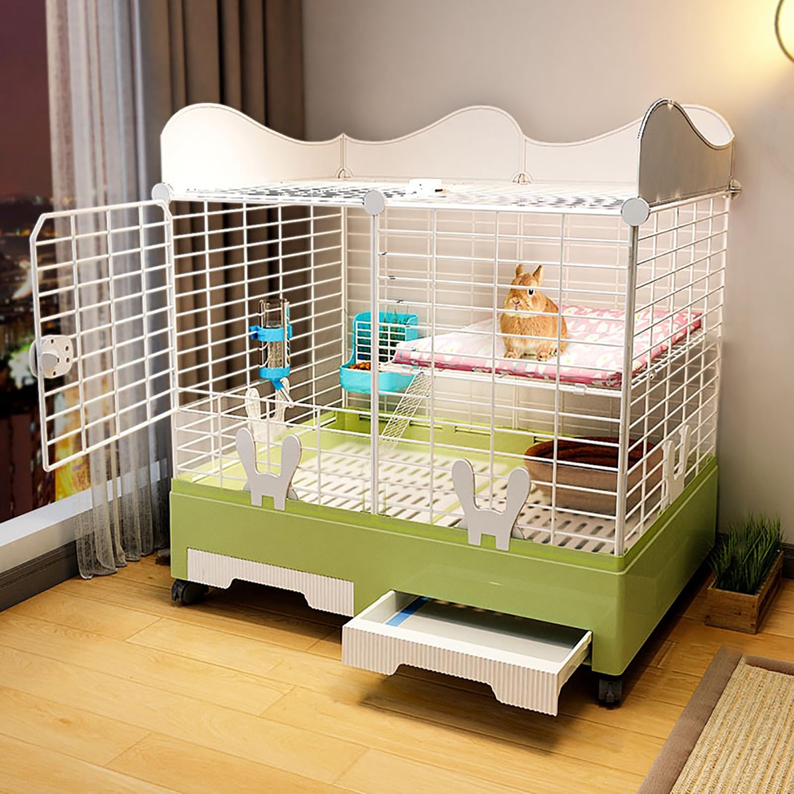 Conigliera per Interni, Box per Conigli, con Ruote, con Due fasciatoi Estraibili, parapetto rialzato, Gabbia per porcellini d'India per Piccoli Animali, per Conigli, furetti, Coniglietti, RI