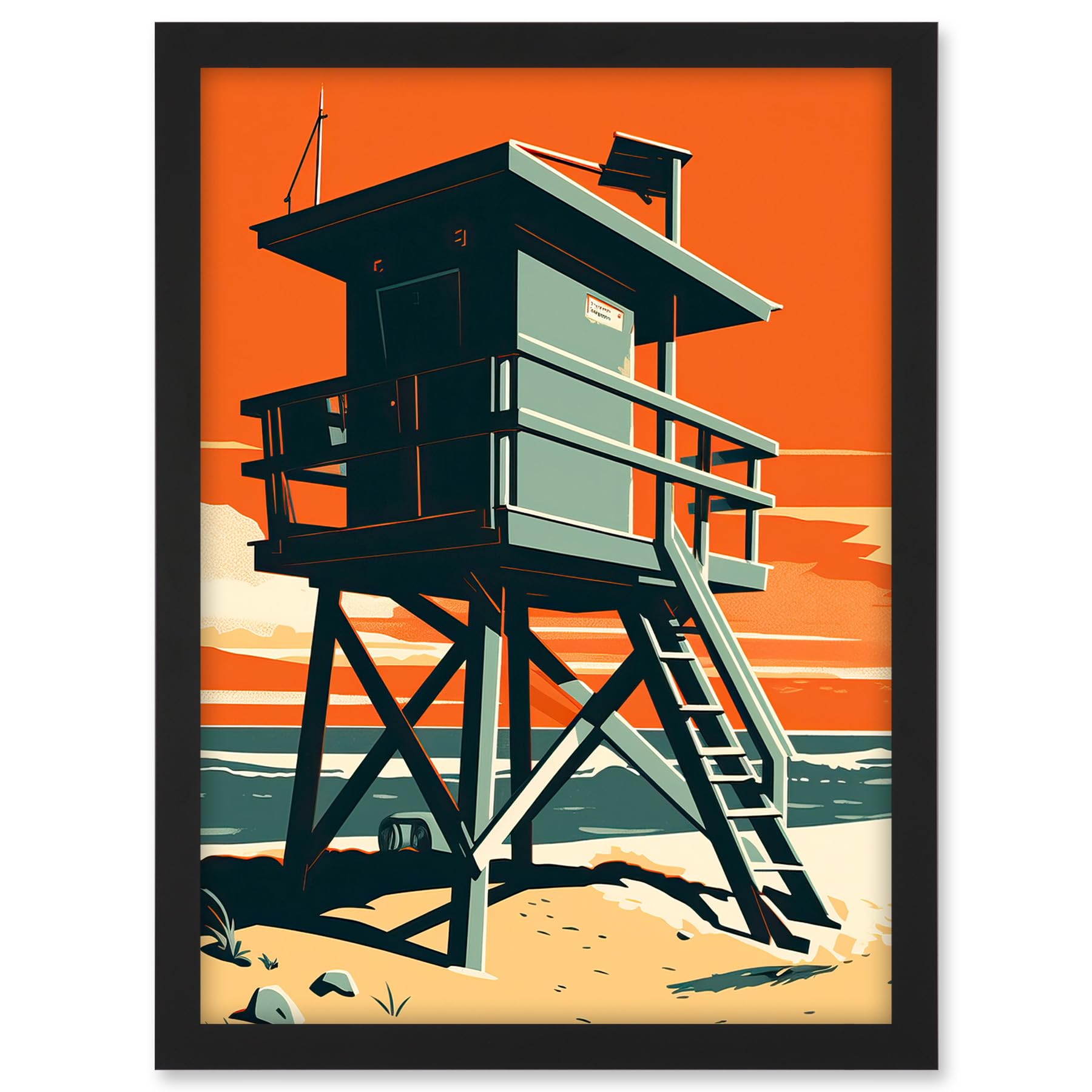 Artery8 Lifeguard Tower Seascape Pastel Colour Orange Teal Blue Beach Bathroom Artwork Framed A3 Wall Art Print