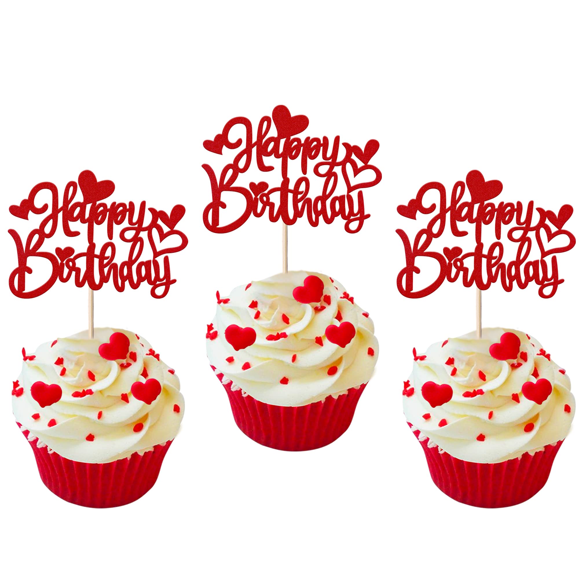 30 Stück Love Heart Happy Birthday Cupcake Topper Glitter Sweet Love Valentinstag Muffin Dekorationen für Valentinstag Liebe Thema Baby Dusche Kinder Geburtstag Party Kuchen Dekorationen Zubehör Red