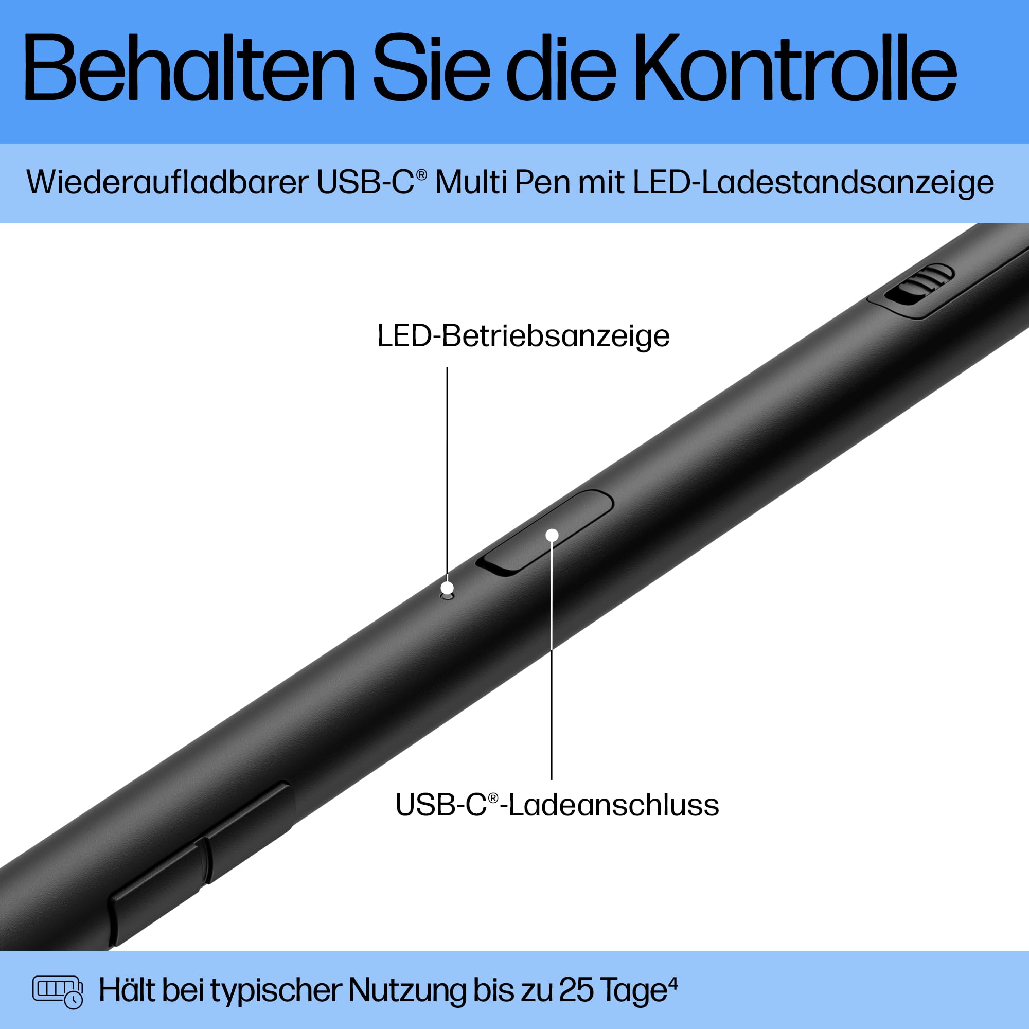 HP 700 Wiederaufladbarer Multi Pen – USB-C, 4096 Druckstufen, 25 Tage Akkulaufzeit, Kompatibel mit MPP 2.0/USI 1.0/AES 2.0, 60% Recyceltes Material, Schwarz