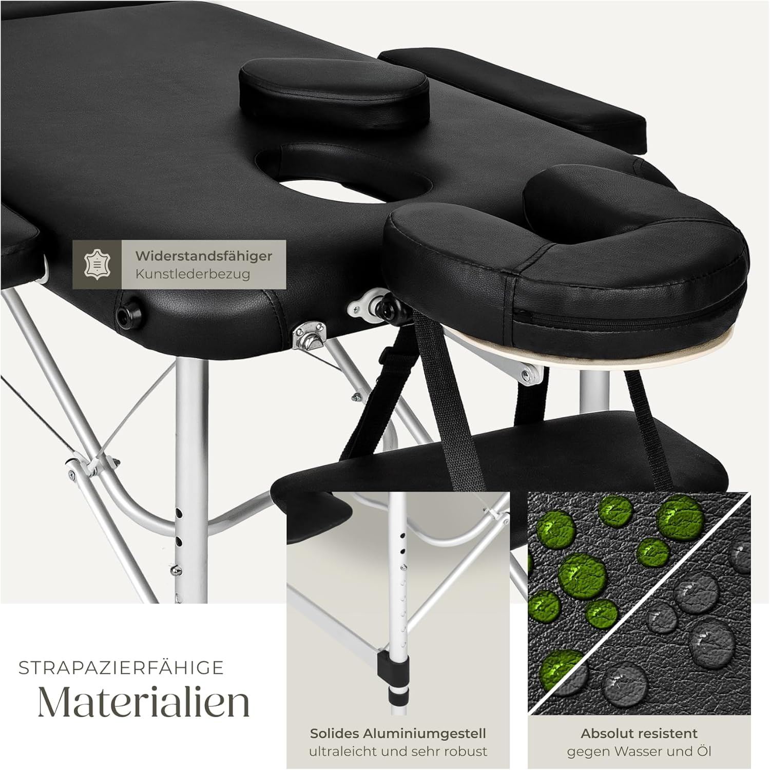 tectake® Massageliege, klappbar, höhenverstellbar, Massagetisch mit 3 Zonen, Massagebank, Kosmetikliege inkl. Zubehör Tasche, Voll- und Halbrolle, Möbel für Kosmetik, Massage, Tattoo - schwarz