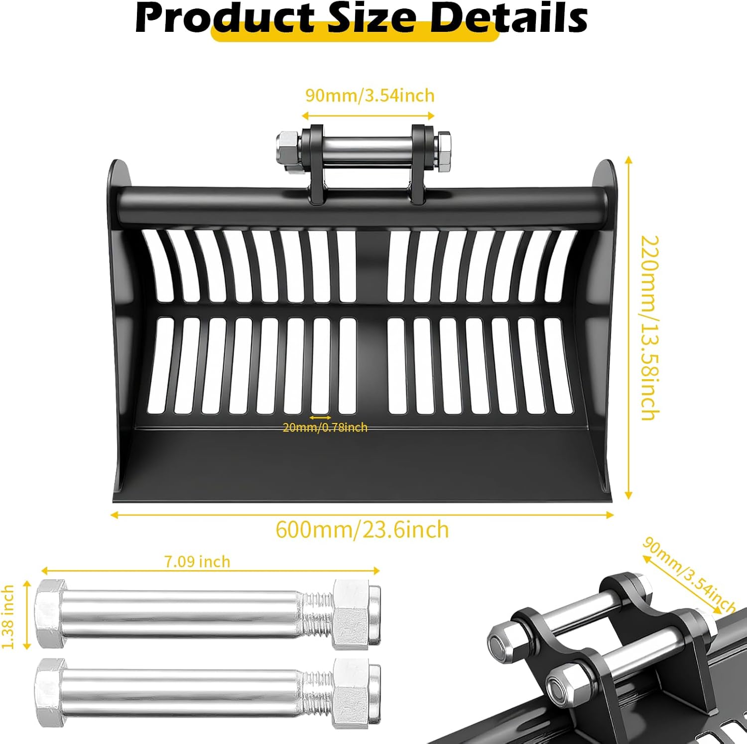 600mm ミニショベルスクリーニングバケット - 高耐久ショベルアタッチメント 土ふるいバケツ 岩石、破片のろ過、材料の選別用 農