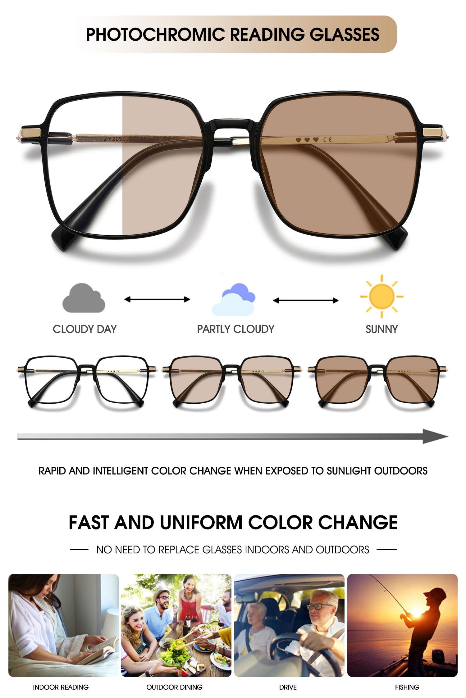 VEVESMUNDO Selbsttönende Blaulichtfilter Lesebrille Photochrome Groß Metall Stylisch Sonnenbrille Grau Getönte Brille mit UV-Schutz für Damen Herren