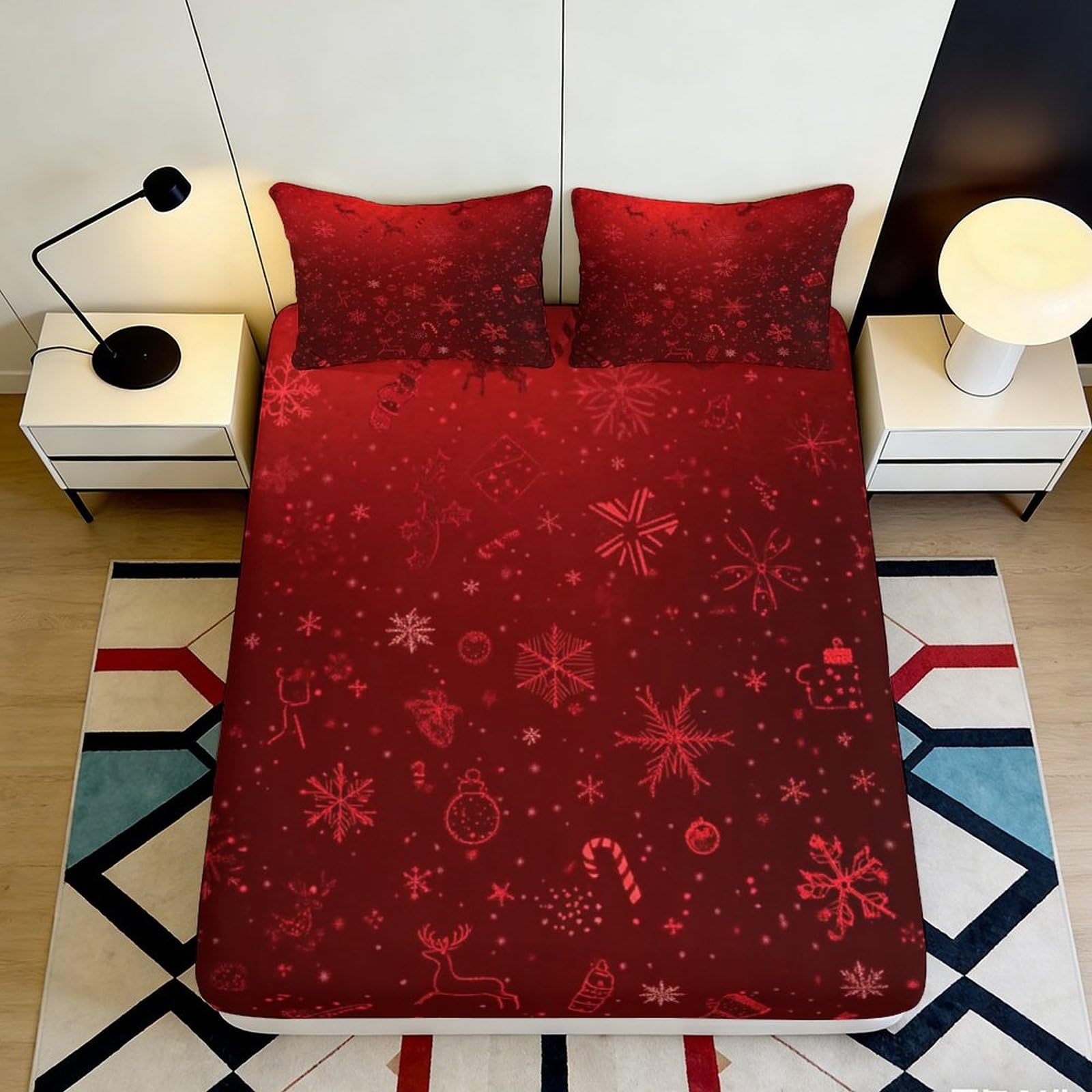 3D Printed Christmas Snowflake Fitted Sheet Microfiber Red Holiday Reindeer Mattress Cover for Bedroom Guest Room Decor 120x200x25cm