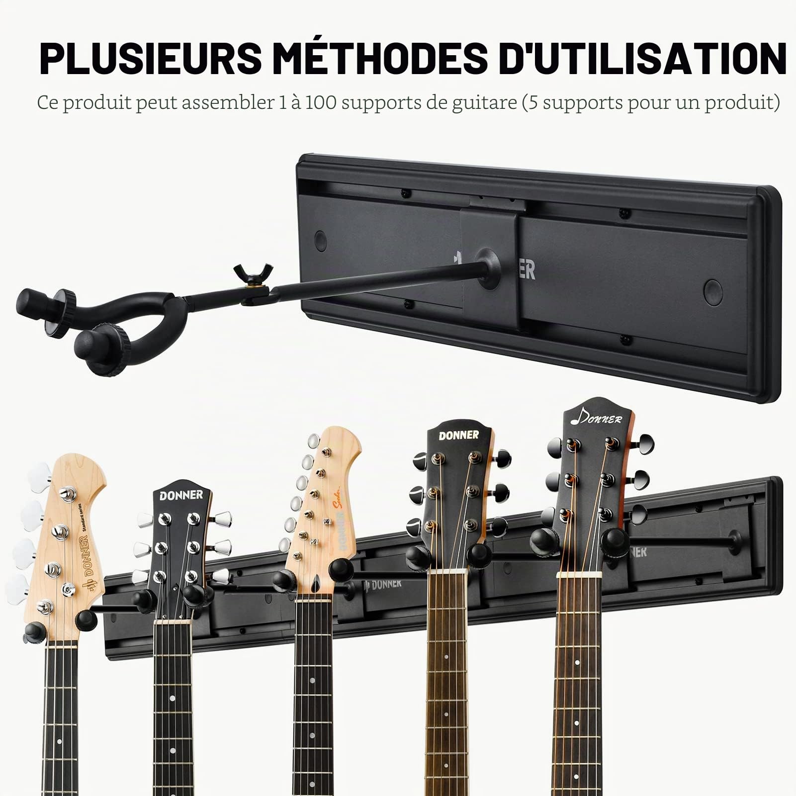 Donner 5 Support mural pour guitare Noir Support mural pour guitare avec 5 supports de guitare réglables pour guitares électriques acoustiques, basses, ukulélé folk