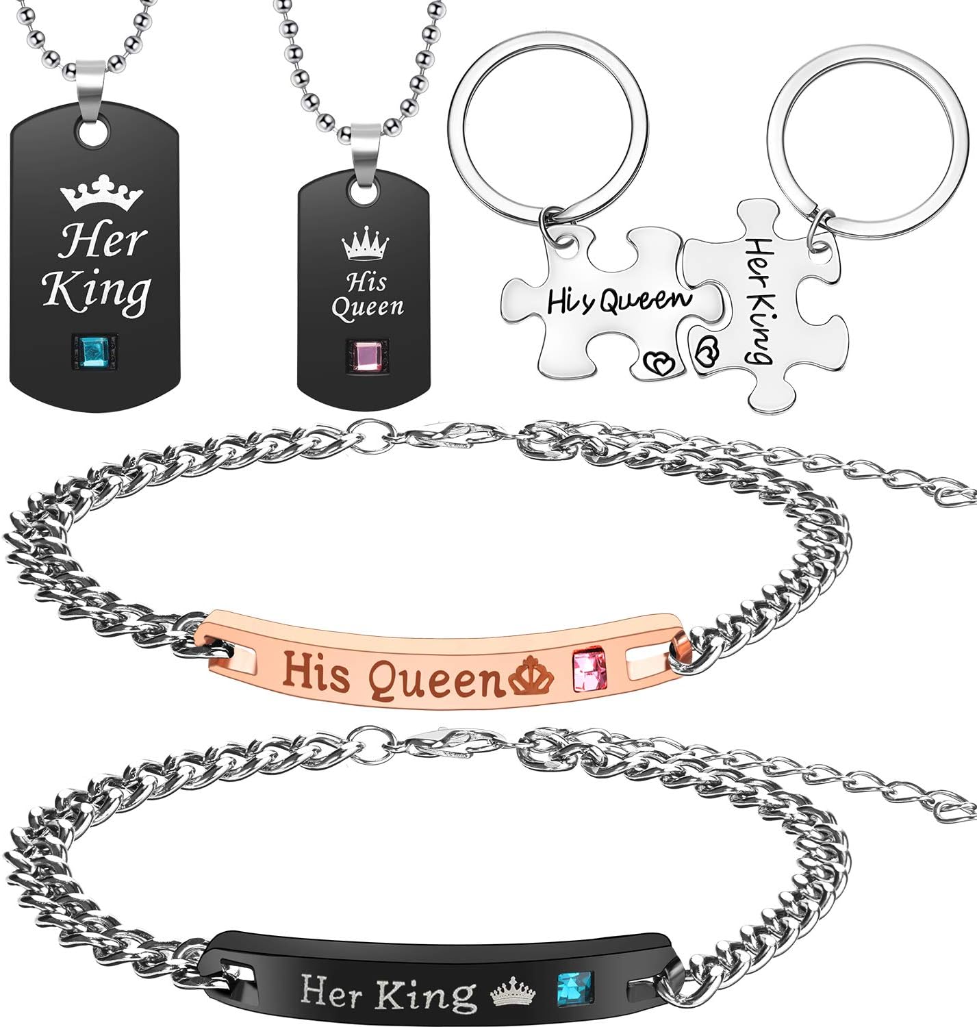 6 Piece Her King His Queen Necklace Bracelet Couple Necklace Bracelet Keychain Set for Valentines Jewelry Gift