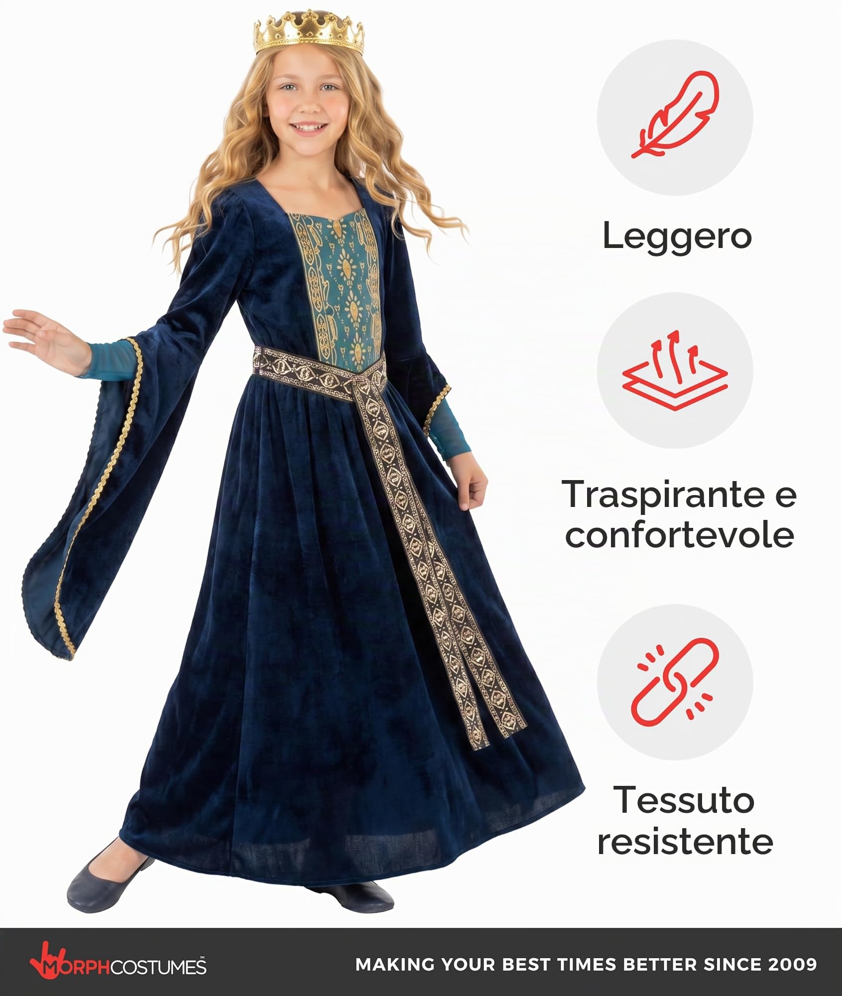 Morph Costume Principessa Medievale Blu per Bambina, Vestito Medievale Dama Rinascimentale per Bambine