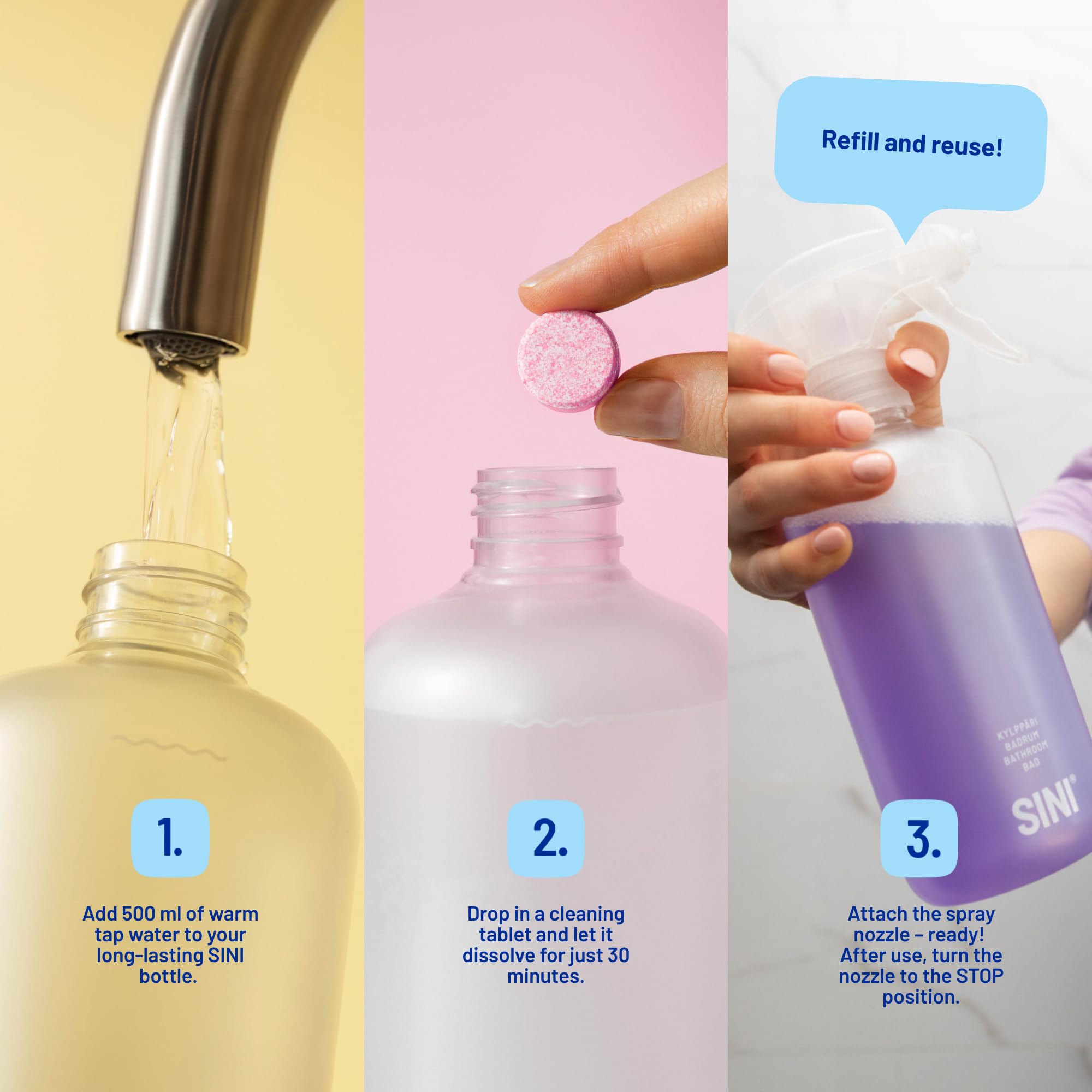 SINI Reinigung Starterset Bundle Groß – 17-teiliges Set – 6 Sprühflaschen, 12 Refill-Tabs & 5 Mikrofasertücher – Komplett-Set für Küche, Bad, WC, Fenster, Boden & Universal