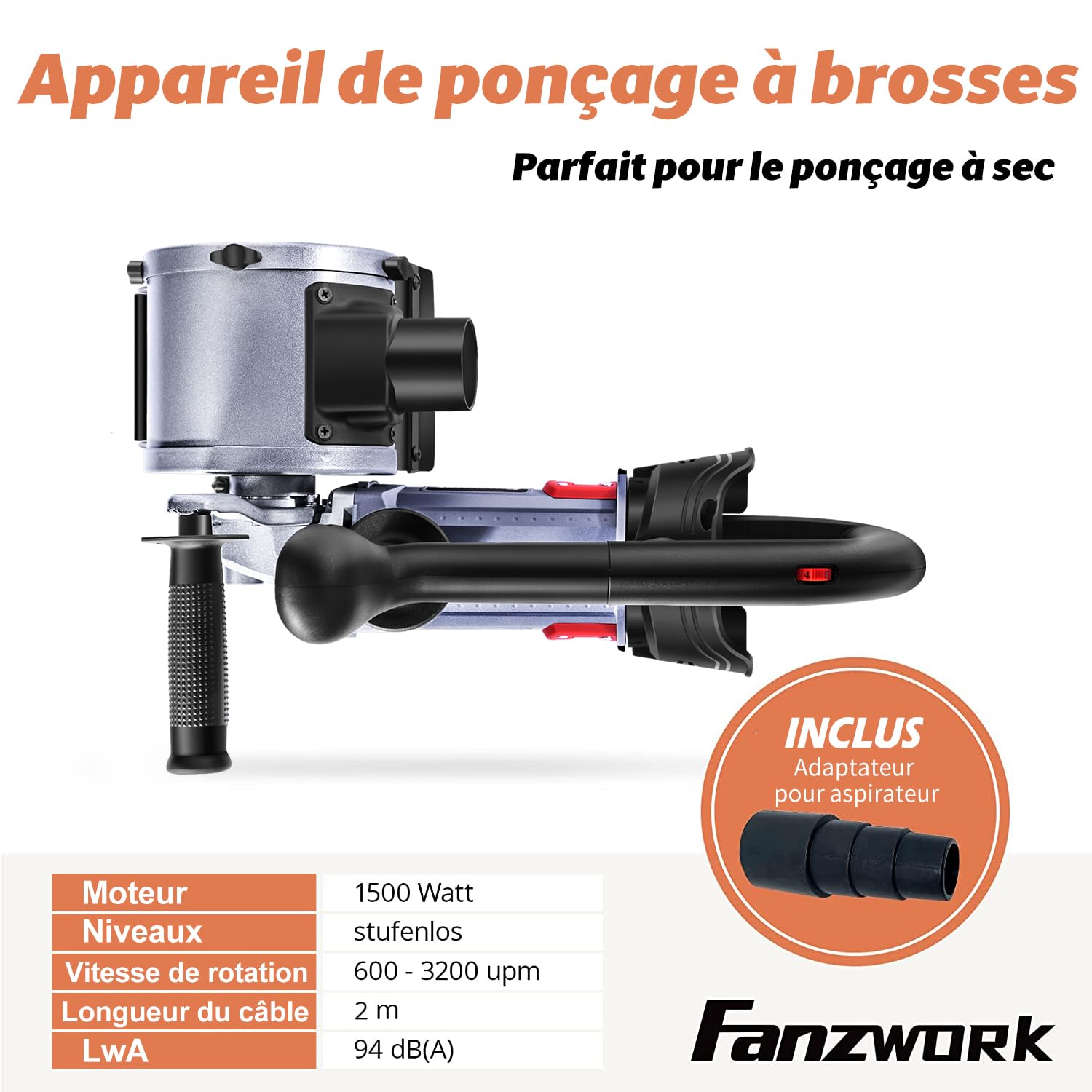 FANZWORK V2 Rénovateur Extérieur 1500 W, Satiniermaschine/Ponceuse Satinatrice avec Variateur de Vitesse et Brosse Métallique