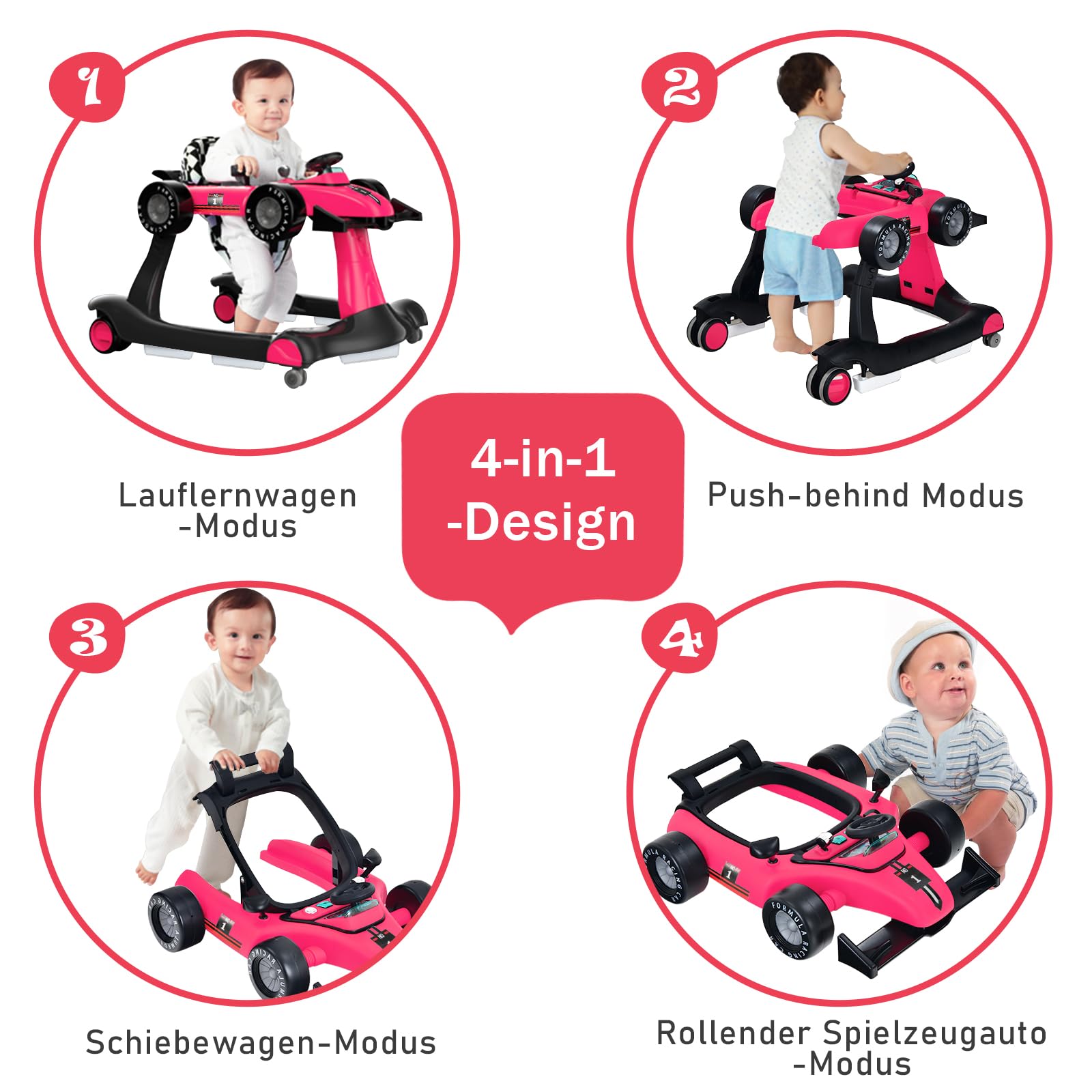 GOPLUS Pomoc w nauce chodzenia dla niemowląt 4 w 1, wózek do nauki chodzenia z regulacją wysokości, z oświetleniem i muzyką, kształt samochodu Baby Walker z regulowaną prędkością, bez chodzenia dla