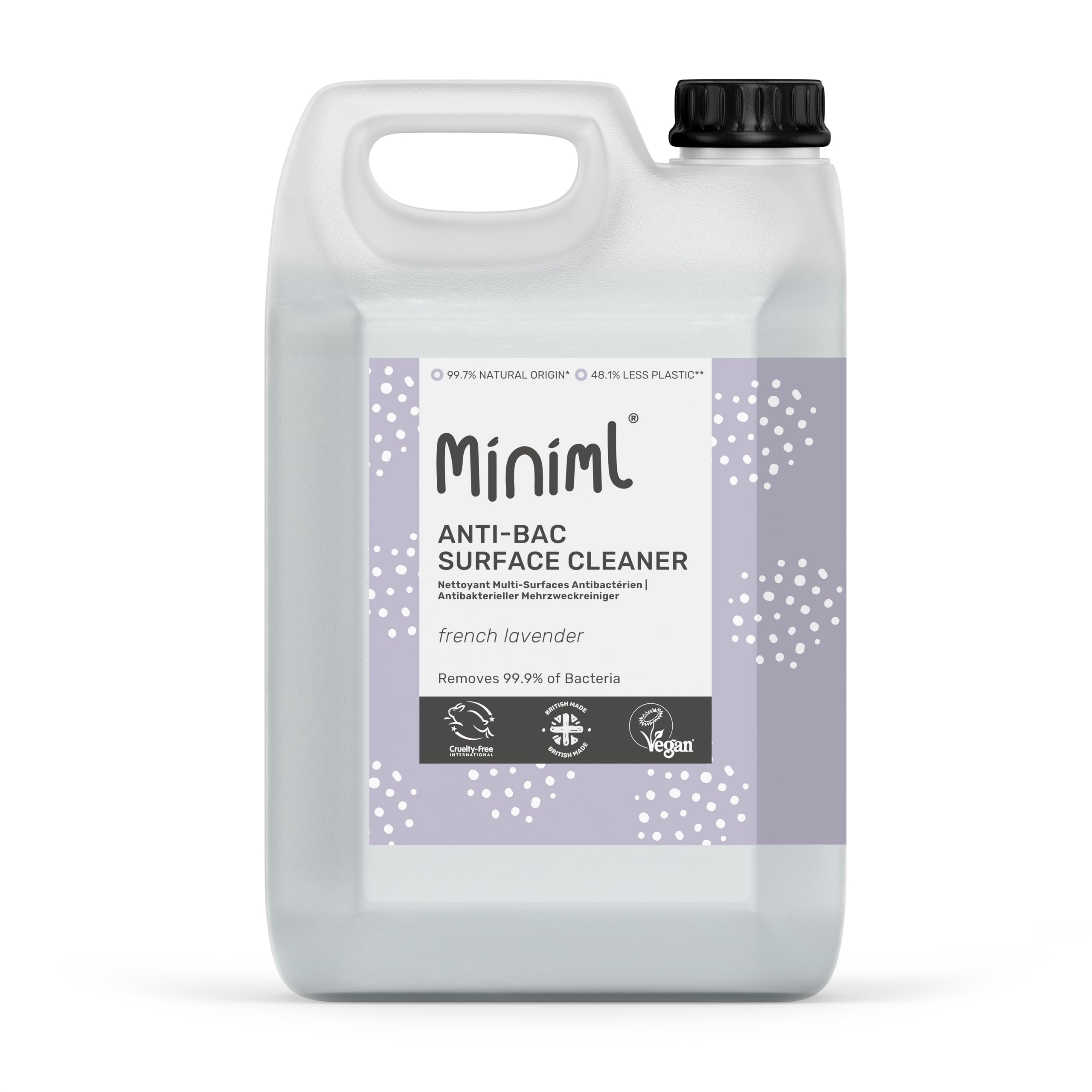 Miniml Eco Antibacterial Spray Surface Cleaner 5L Refill - French Lavender Scented Multi Purpose Anti-Bac Disinfectant Cleaning Product - Natural Plant Based Vegan Formula & Cruelty Free