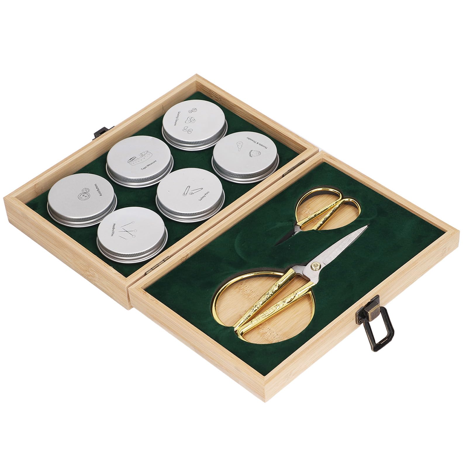 Caja de costura de madera con kit de costura completo, suministros de costura premium, almacenamiento de doble capa para botones, alfileres, hebillas, incluye tijeras, dedal,