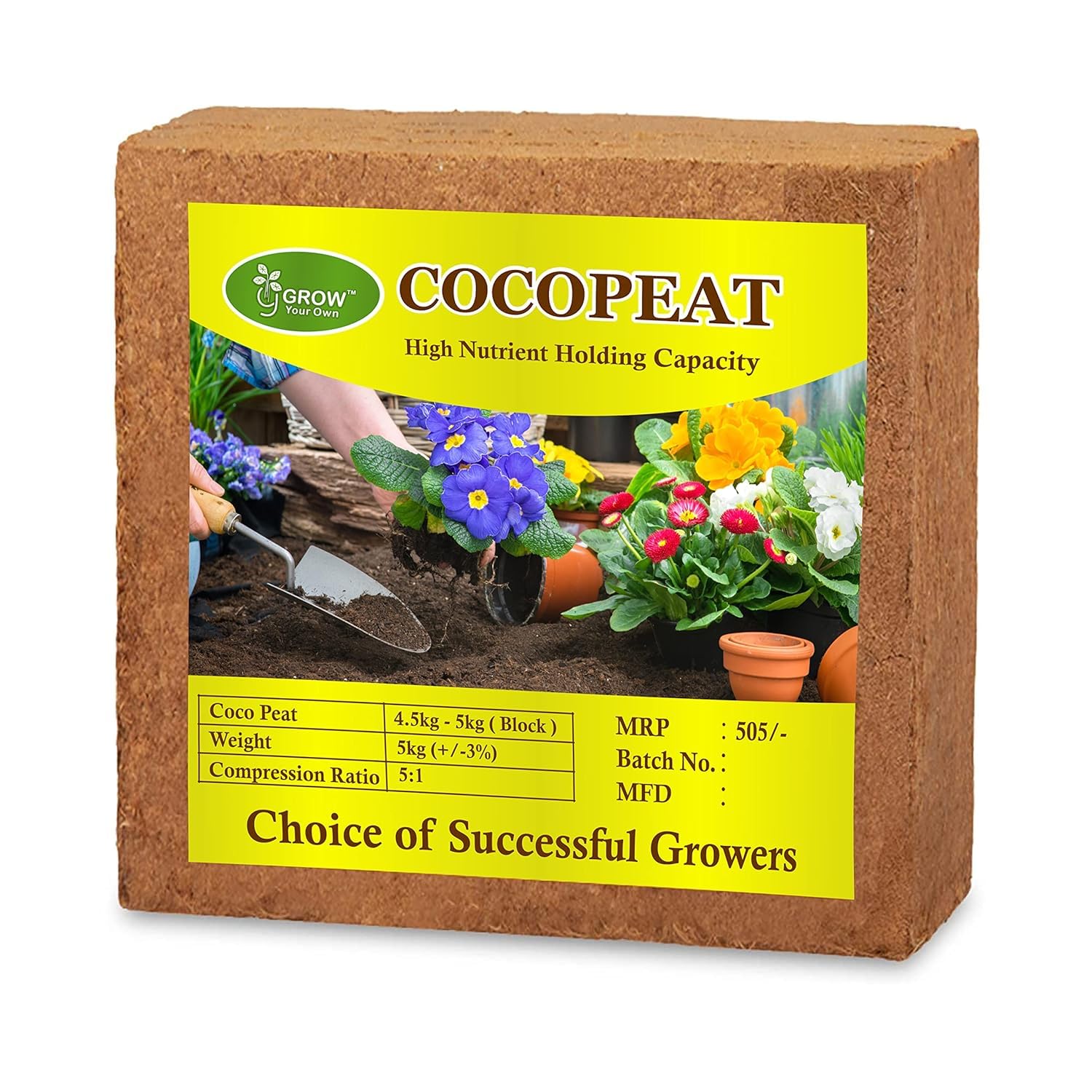 Grow Your Own Cocopeat Block 5 Kg| Expands Upto 75 litres of Powder| Hydroponic Plants, Kitchen Gardening and Terrace Gardening, Indoor and Outdoor Plants | Best Alternative to red Soil 5kg