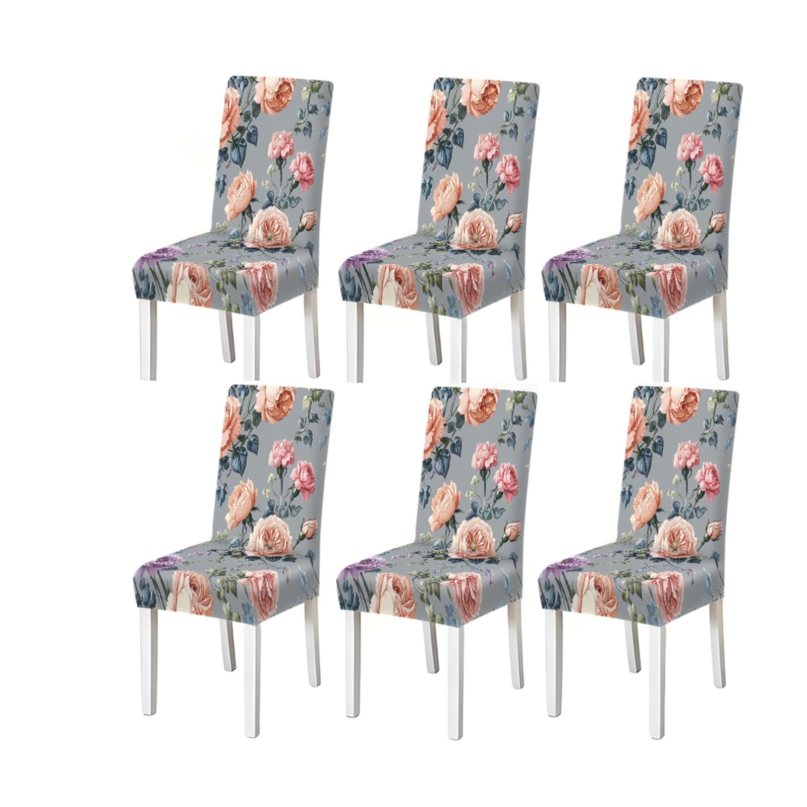 BOSUYBN Grey Pink Rose Floral Print Dining Chair Covers, Stretch Slipcovers For Home Kitchen Dining Room Party, 2/4/6PCS Furniture Protectors for Home Dining Room(6PCSChair cover)