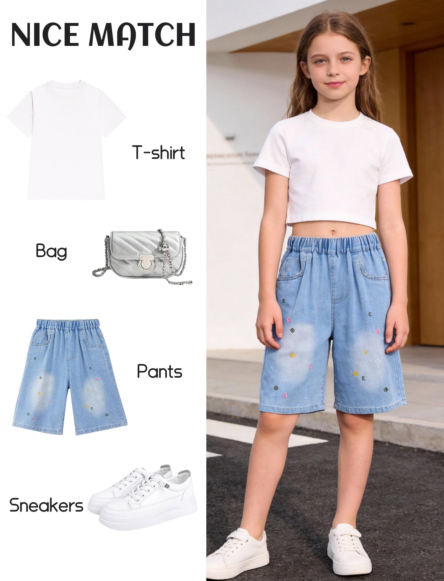 SEAUR Y2K Short ample en jean pour fille avec taille élastique Bleu d'été pour enfants de 5 à 14 ans