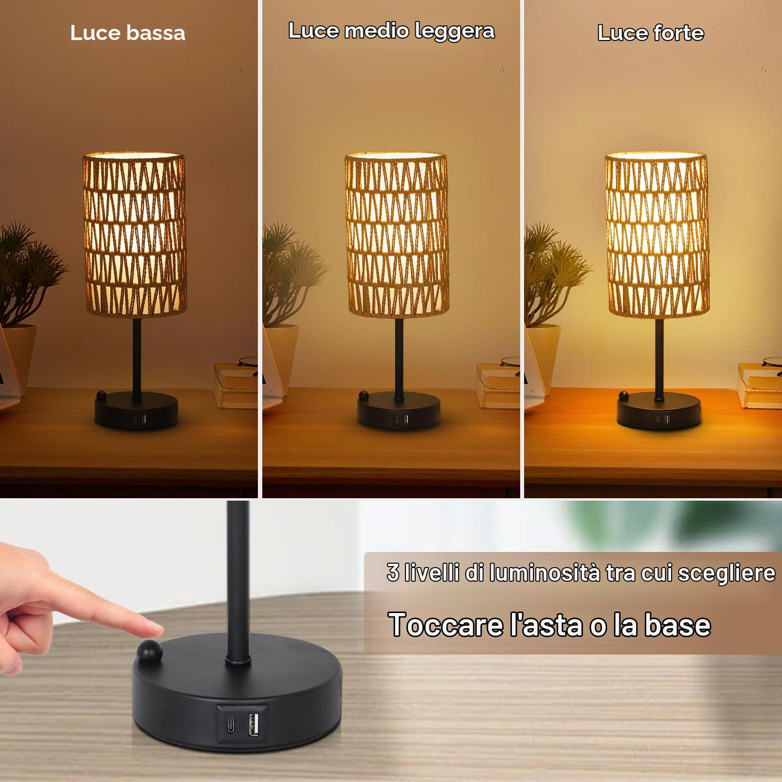 Rayofly Set di 2 Lampade da Comodino, Lampada da Letto Dimmerabile a Tocco con Funzione di Ricarica Porte USB A+C, Lampada da Tavolo Vintage con Paralume in Rattan e Lampadina LED per Camera da Letto
