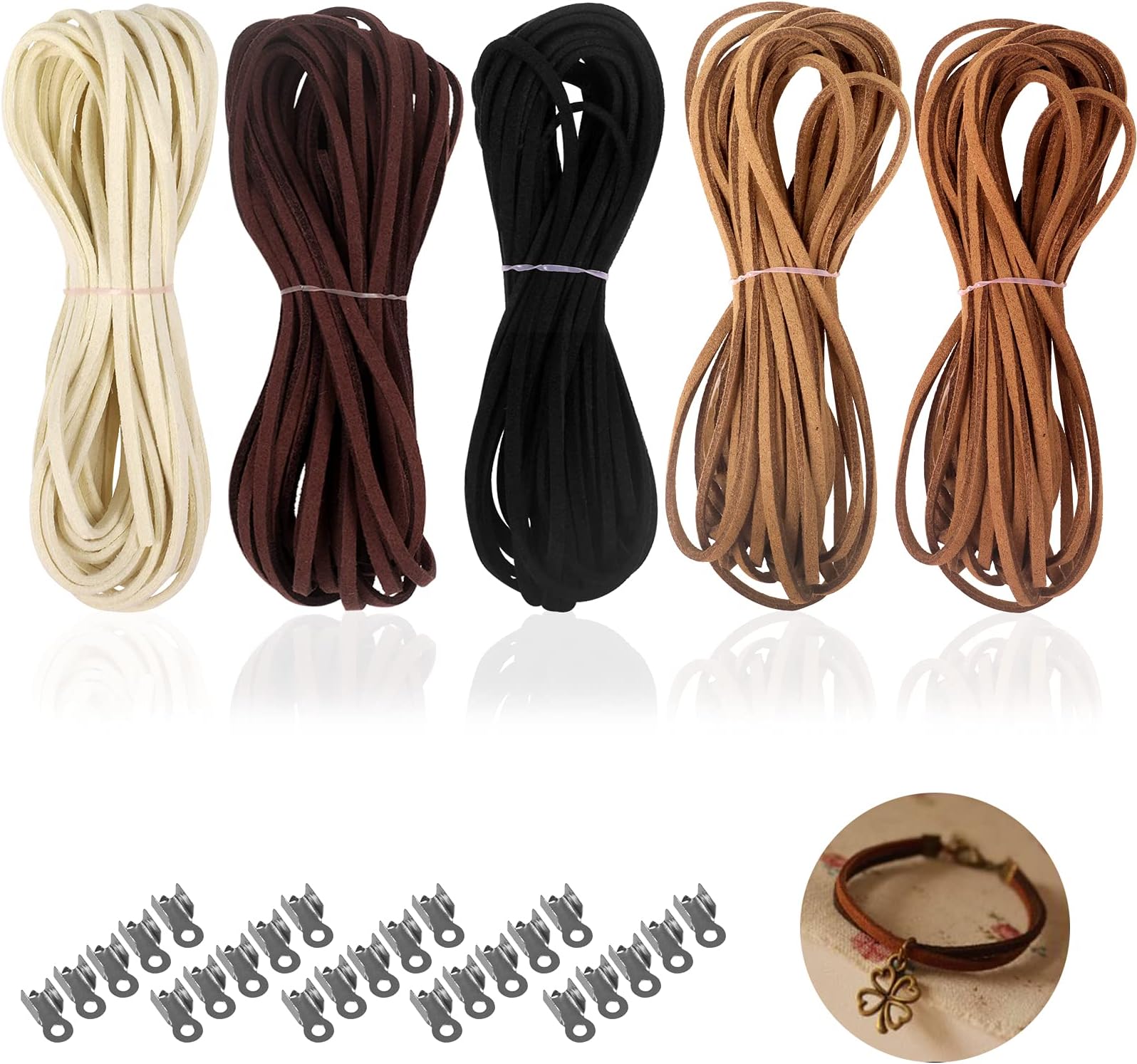 HoinyLeather Cord Chain, 25 m Leather Cords, Suede Cord Thread, Leather Cord, Faux Suede Cord in 5 Colours, Ribbons for Crafts with Cord Ends, Leather Cord Flat for DIY Bracelet Necklace (5 m x 3 mm