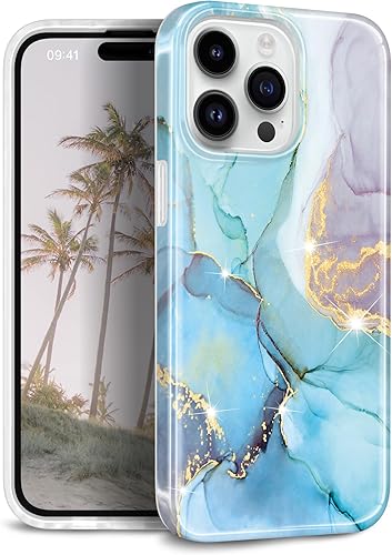 JIAXIUFEN Funda compatible con iPhone 15 Pro Max, diseño de mármol con purpurina dorada, a prueba de golpes, funda protectora de silicona TPU suave