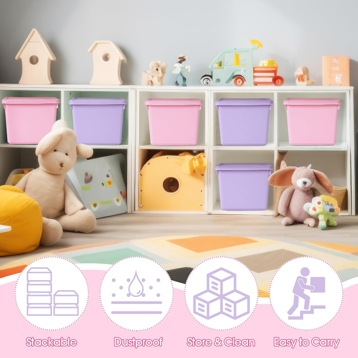 6 Pack Cute Plastic Storage Bins with Snap Tight Lids Small Stackable Storage Boxes 9.8" ×7.3" ×5.7" Storing Totes for Organizing Craft Office Supplies (Pink,Purple) - Image 3