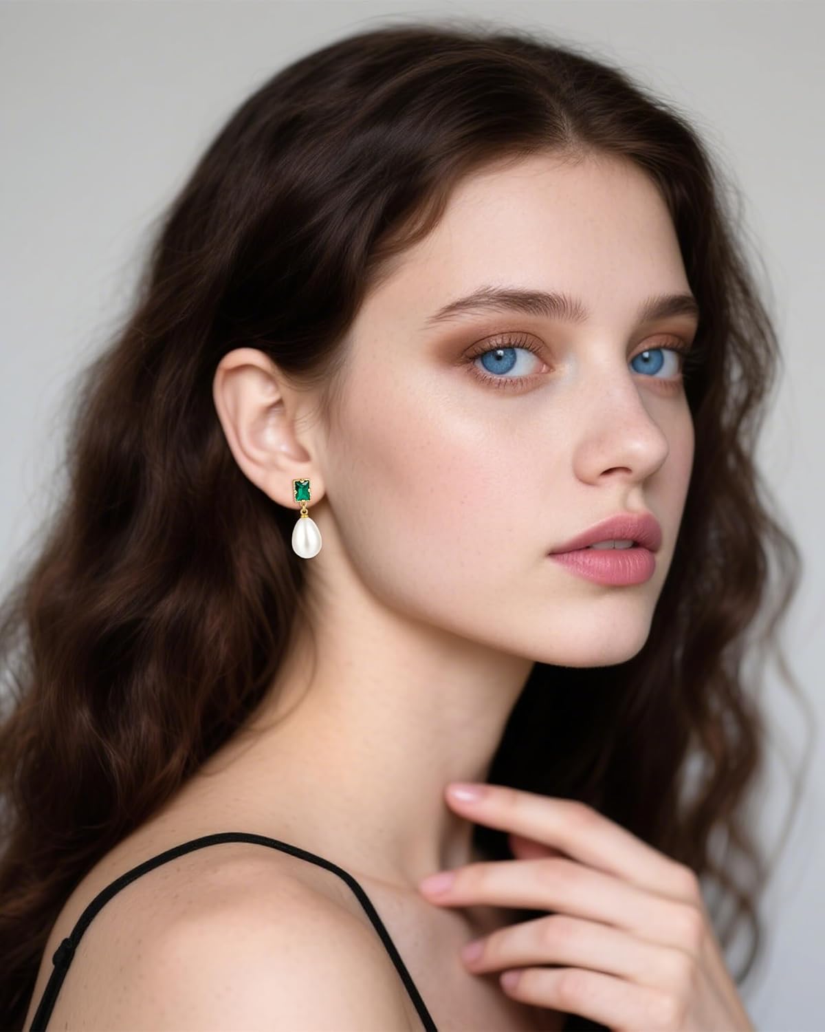 Emerald and Pearl Drop Earrings, 14K Gold Plated Vintage Earrings for Women, Teardrop Dangle Earrings Jewelry Gift - Image 2