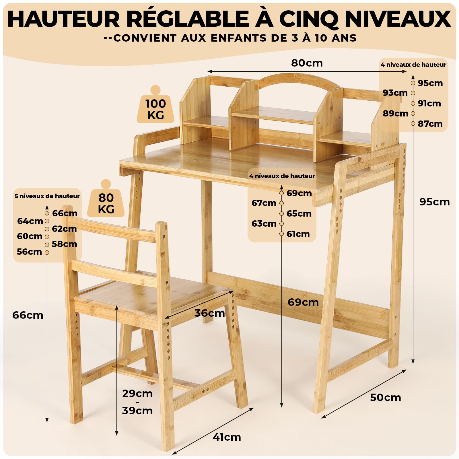 MAMIZO Bureau Enfant en Bambou, Ensemble Chaise Réglable, Support de Livre, Table pour l'Étude et le Travail, Couleur du Bois
