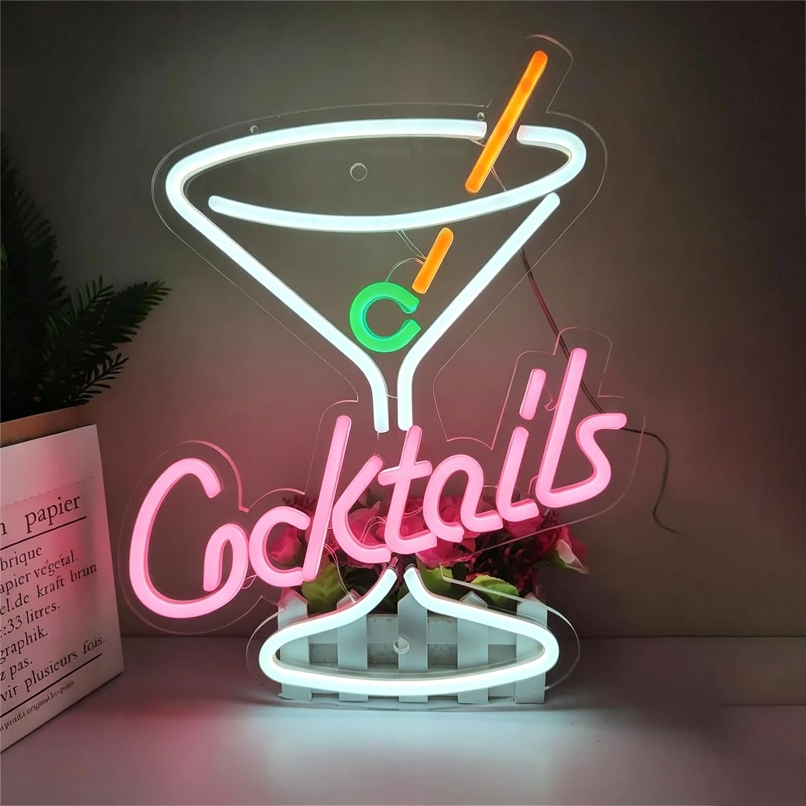 KEYQEEN Cocktails Neon Sign for Wall Decor, Bar Club Shop Signs Dimmable USB LED Man Cave Party Neon Lights,Pink,50x38cm