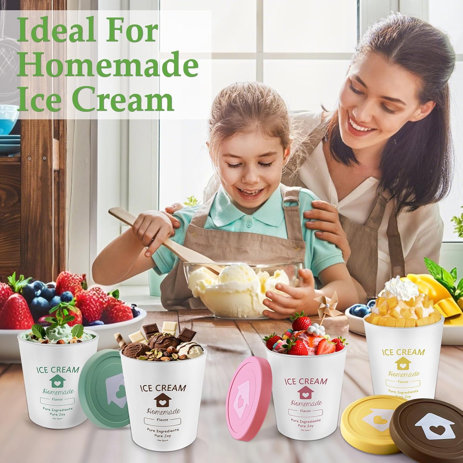 cyrico Ice Cream Containers with Silicone Lids for Homemade Ice Cream, 4 Pack 1 Quart Each Reusable Sorbet Frozen Yogurt Storage Containers Set BPA Free Stackable Leakproof Dishwasher Freezer Safe - Image 6