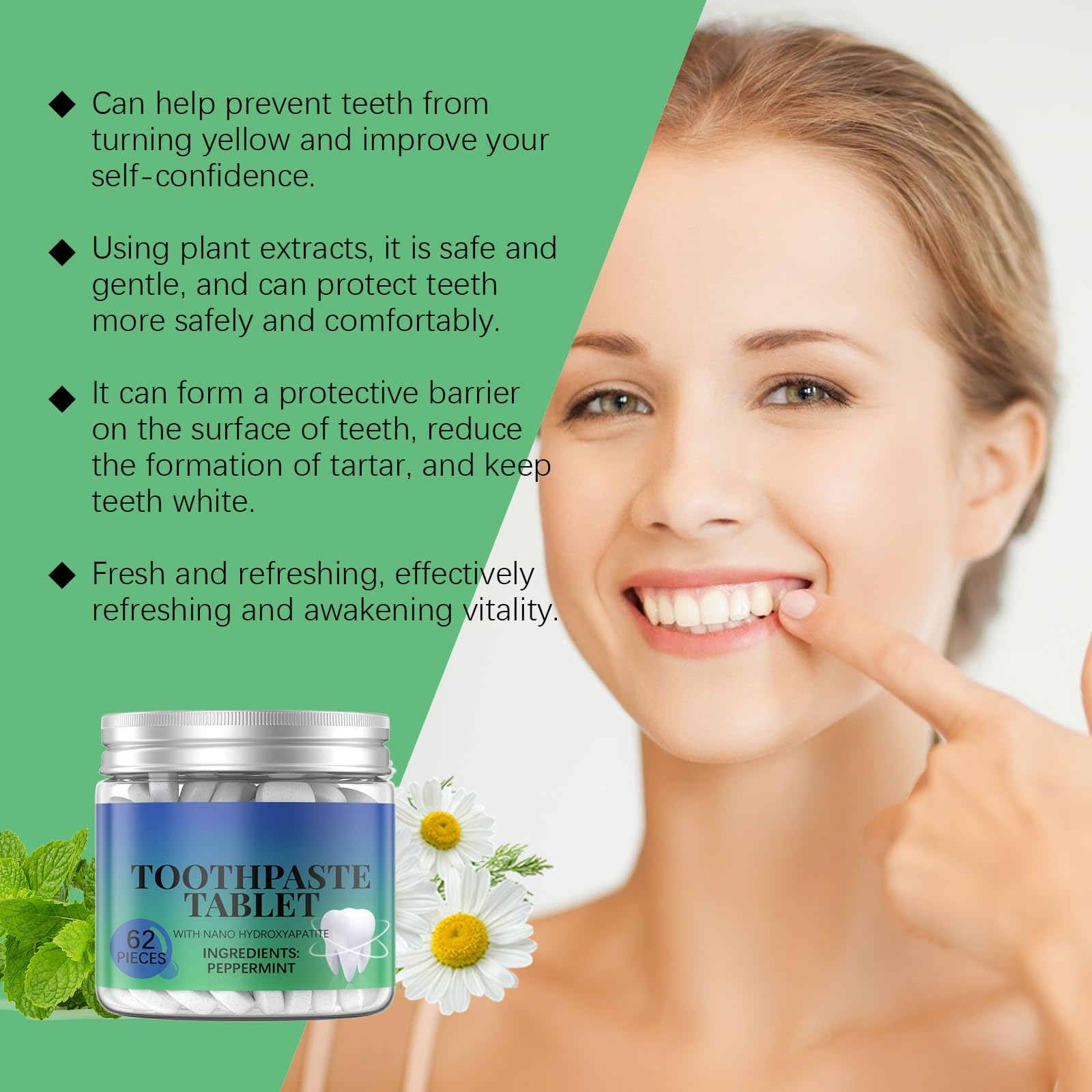 Compresse di dentifricio sbiancante alla menta: rimuovono le macchie, rinforzano lo smalto e alito fresco(3pcs)