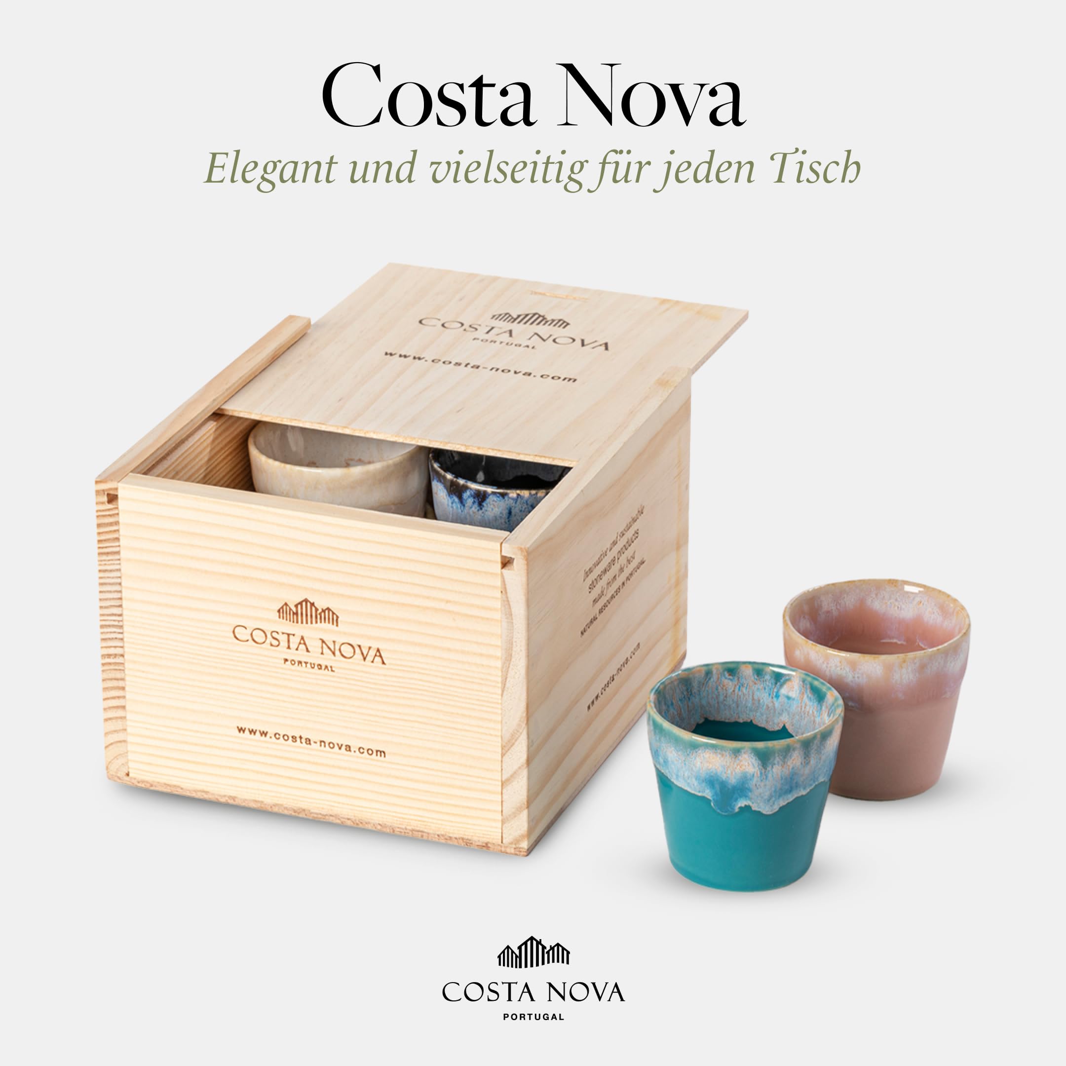 Costa Nova Geschenkset Grespresso: 8 Steinzeug-Tassen mit reaktiver Glasur, Handveredelt in Portugal, Stapelbare Lungo Becher in edler Holzbox, Spülmaschinenfest, Mehrfarbig, ⌀ 8 cm