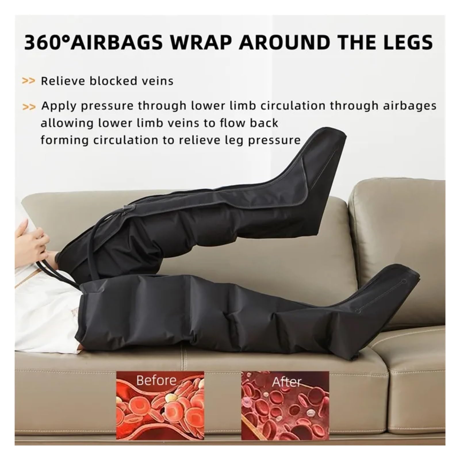Masaje de piernas con compresión de aire y botas neumáticas con 6 bolsas de aire for la circulación y la relajación muscular de las piernas. Seguro de usar