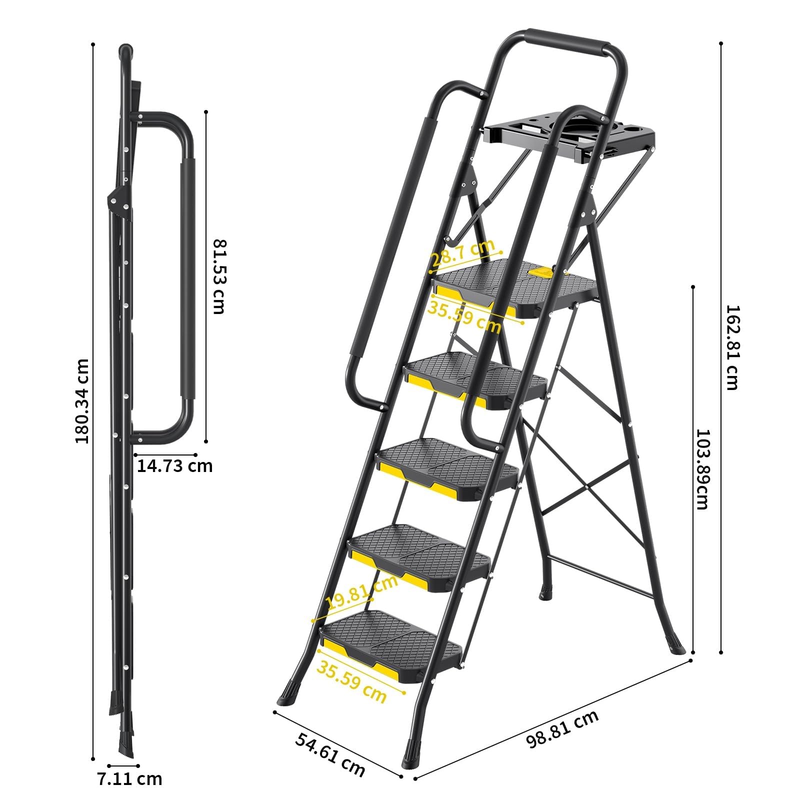 KINGRACK Scaletta 5 Gradini, Scala Pieghevole con Vaschetta Portaoggetti e Corrimano di Sicurezza, Scala Domestica in acciaio con Pedale Largo Antiscivolo, per casa, cucina, dispensa, armadi, ufficio