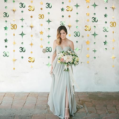 Miniatura 69 de Decoraciones de cumpleaños número 30 color azul aguamarina, guirnalda de estrellas con círculos y lunares metálicos para colgar en banderines, telón