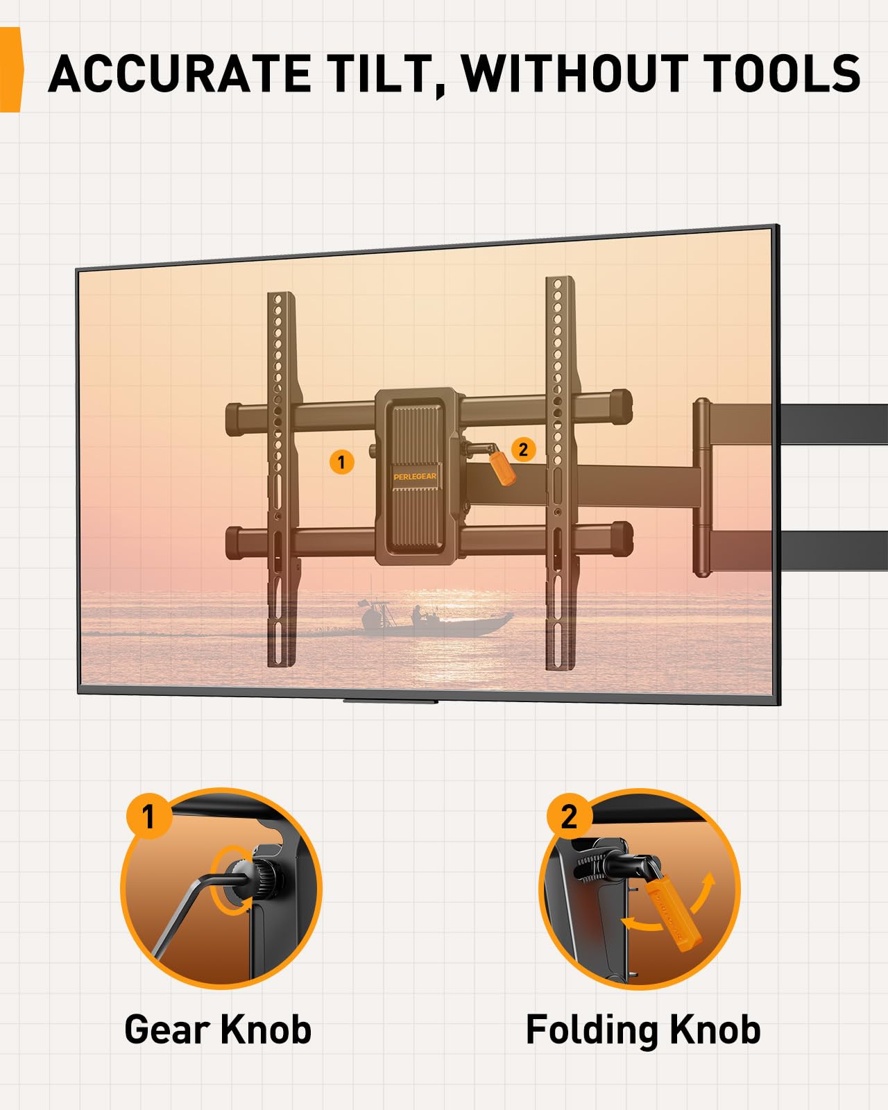 Perlegear Support Mural TV à Bras Long, Support TV à Mouvement Complet pour Téléviseurs de 32-65″, Capacité de Charge de 60 kg, Support TV d'angle avec Pivotement de ±90°, VESA Max 400x400mm, PGMF24B