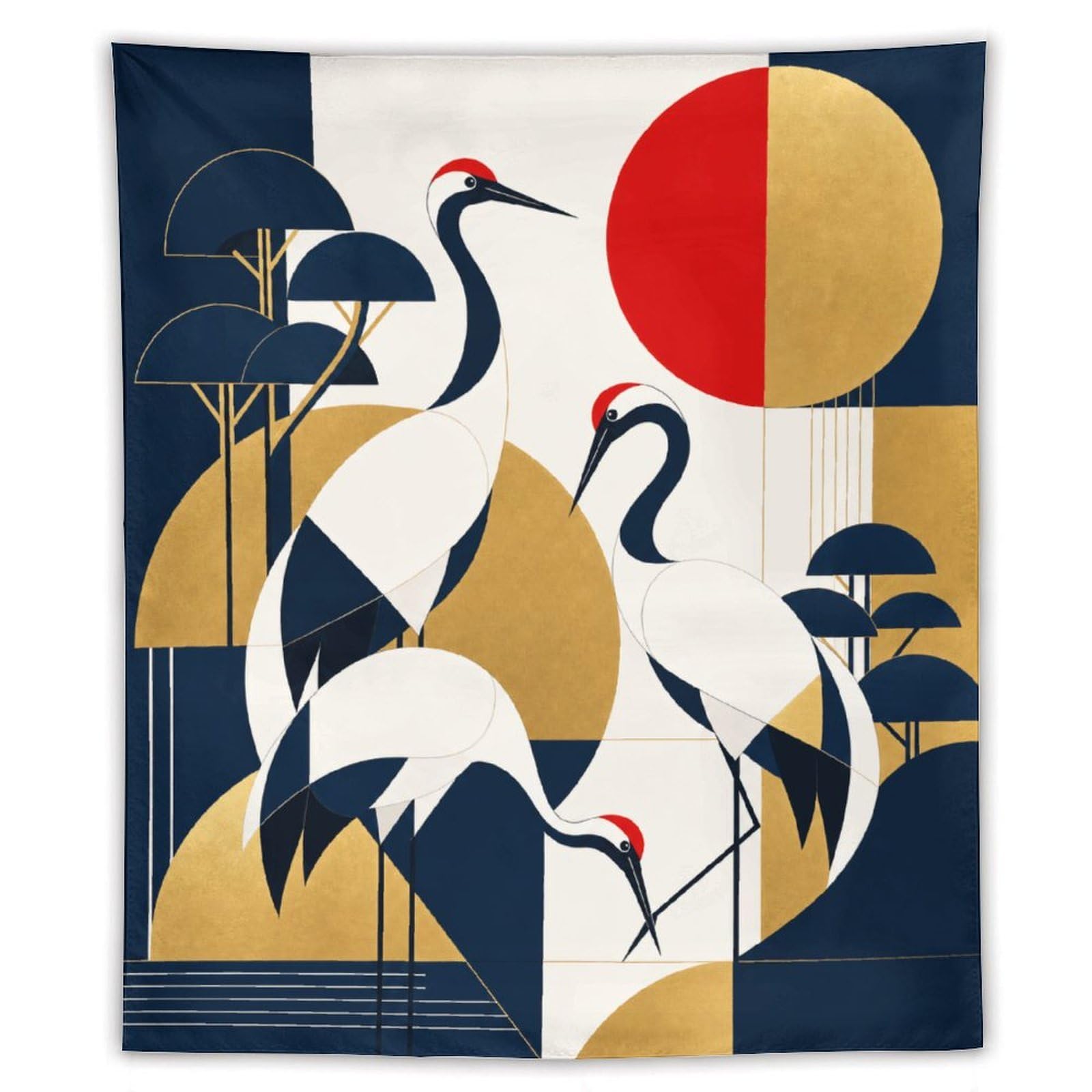 H3B8U2Y5 Art Deco Cranes Wall Tapestry, Ukiyo-e Style, Office