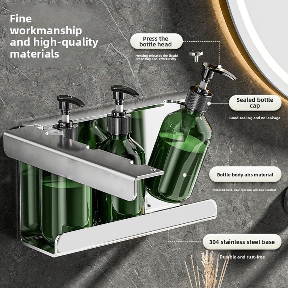 Dispensador de jabón montado en la pared, soporte de acero inoxidable para baño, estante de almacenamiento para ducha, gel, champú, jabón líquido, acabado plateado, diseño de ahorro de