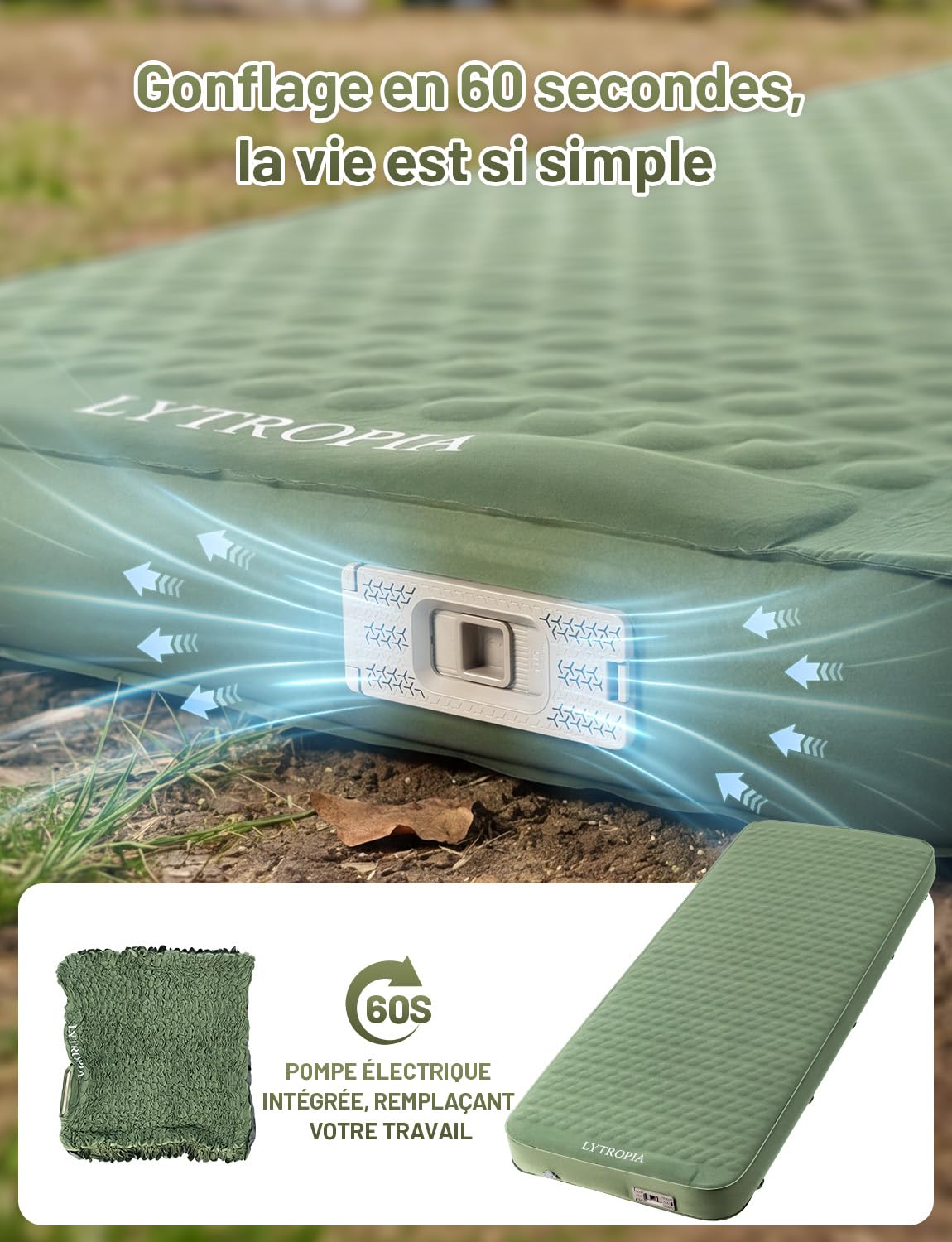 Matelas Gonflable 1 Place, Autogonflant, Pompe à Air Électrique | 10cm Épais, Pompe USB-C Gonflage 60s, Anti-Déchirure, Sangles Module, Convient Camping Randonnée Plage