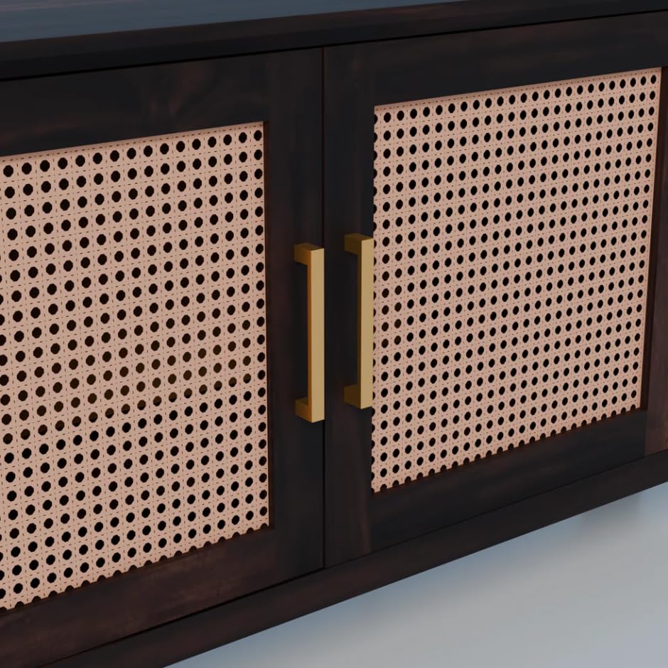 Image of Premium Solid Wood, 10 Minutes Assembly (Legs Only), Aesthetic Rattan Doors, Mid Century Entertainment Center for Living Room, TV Stand for 65 inch TV, Dark Chocolate (Walnut TK-27)
