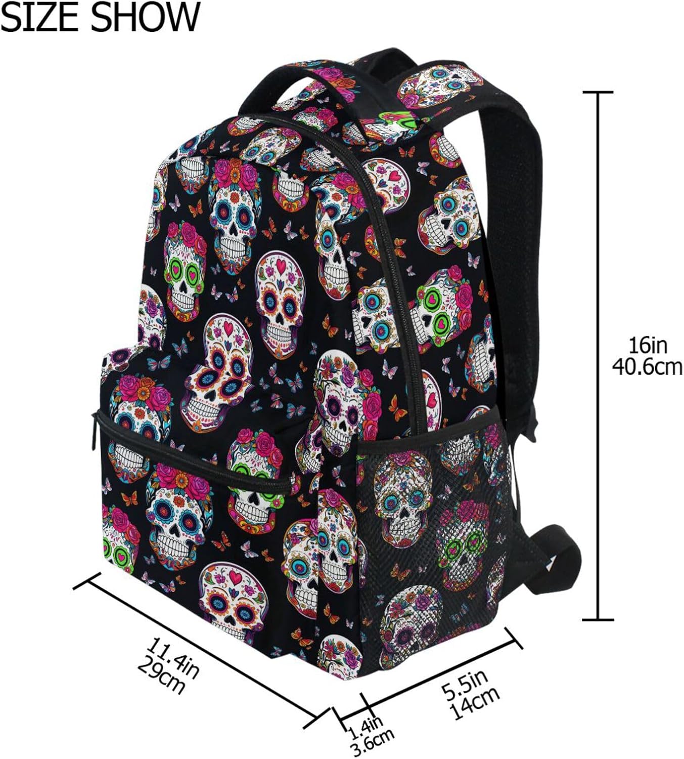 Pfrewn Sugar Skulls Backpacks for Girls Boys Hipper Skull Floral Leavs School Backpack Bookbags for Kids Students 16"